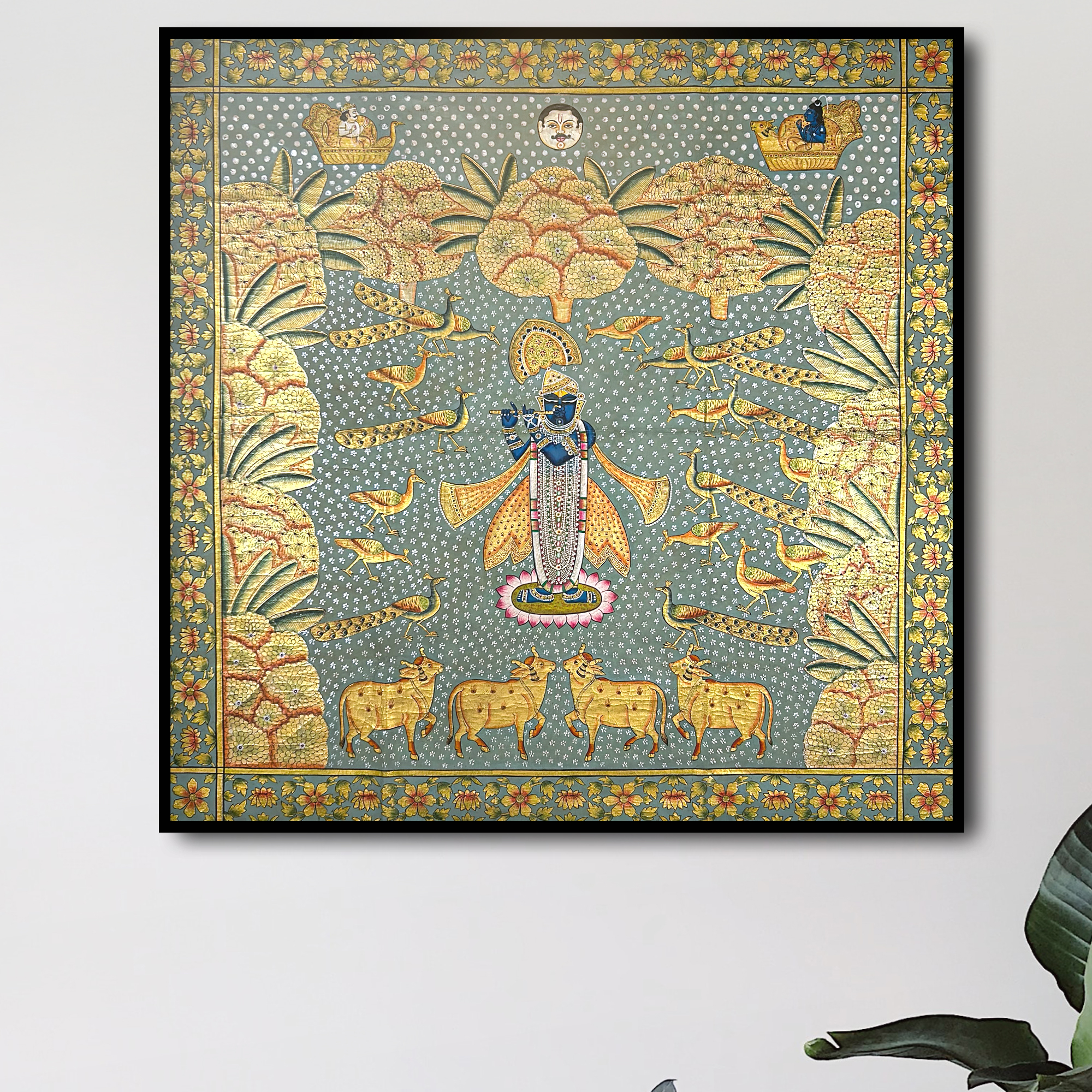 2026 - Pichwai Art - Handmade - Shreenathji with Cows and Peacocks Painting