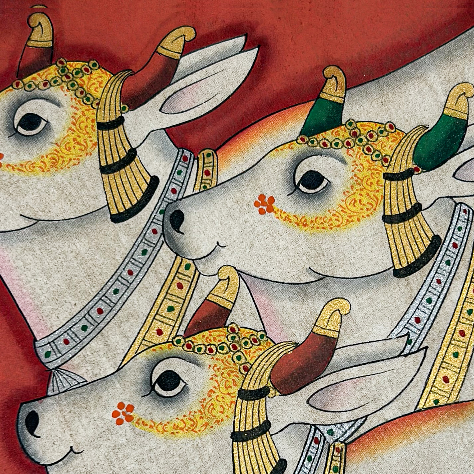 Hand Painted Red Pichwai Cows Painting with Frame