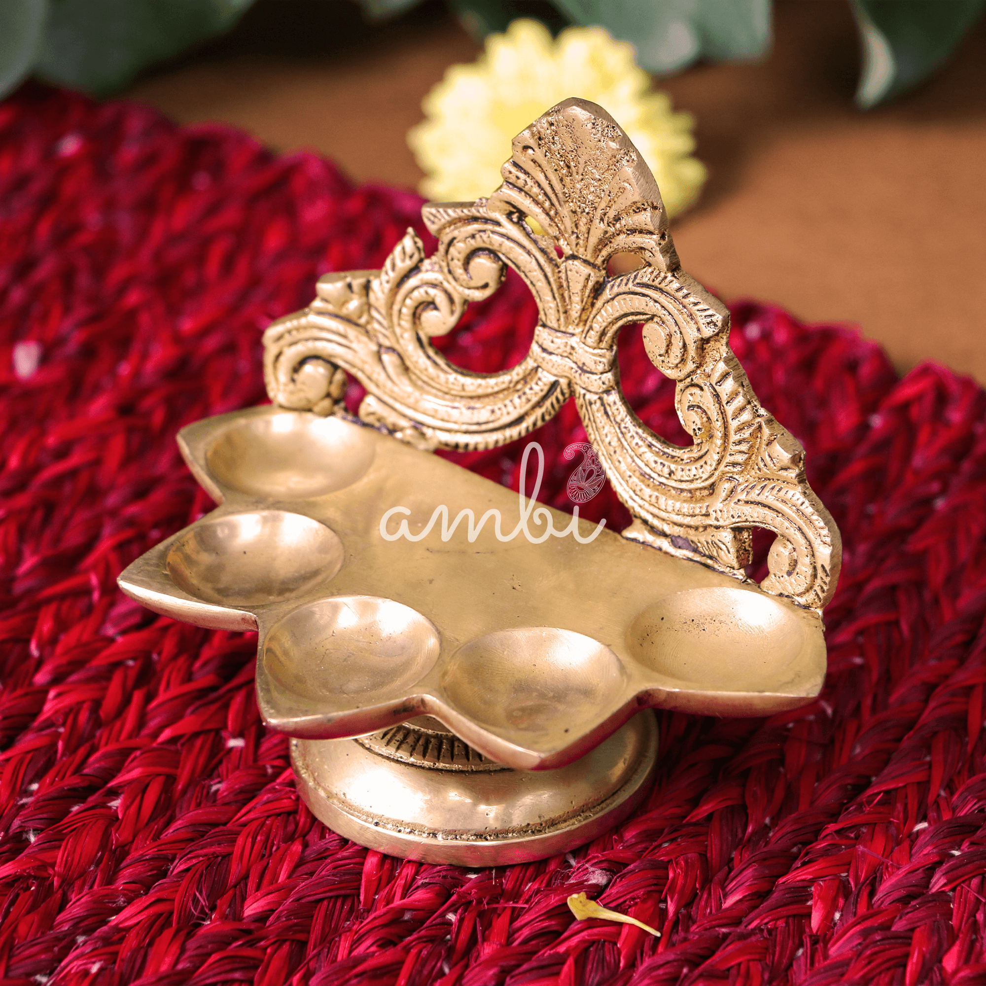 Pure Brass Antique Singhasan Panchmukhi Diya - 4 inches height - Heavy Make