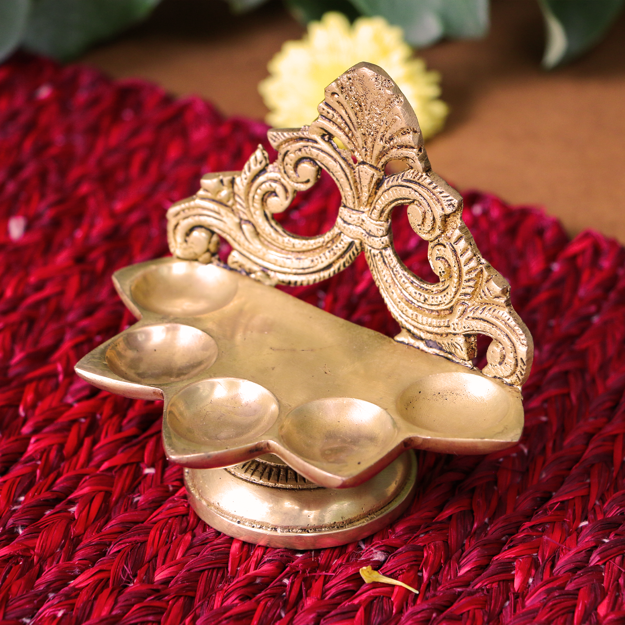 Pure Brass Antique Singhasan Panchmukhi Diya - 4 inches height - Heavy Make