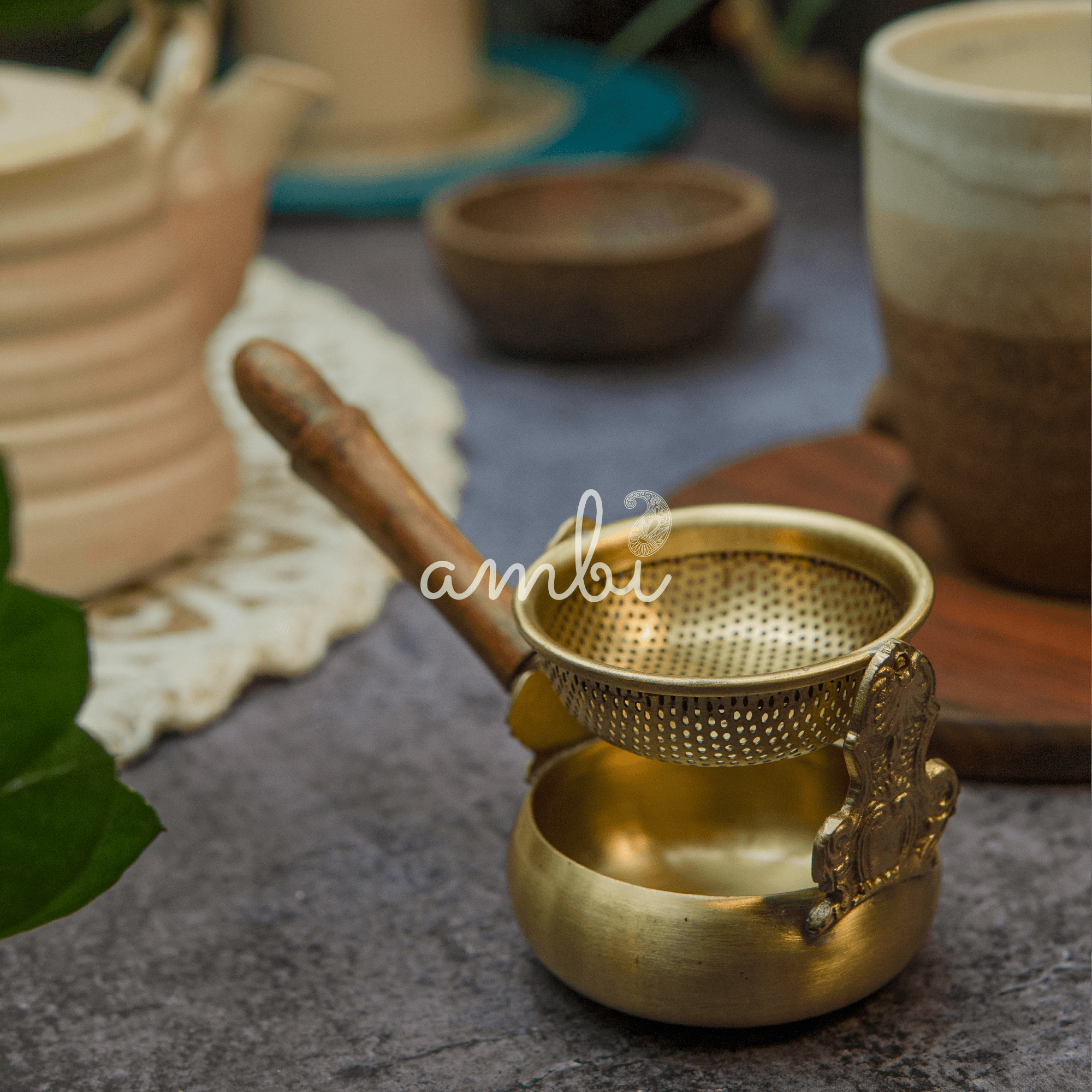 Exquisite Brass Swing Medium Sized Tea Strainer with Wooden Handle