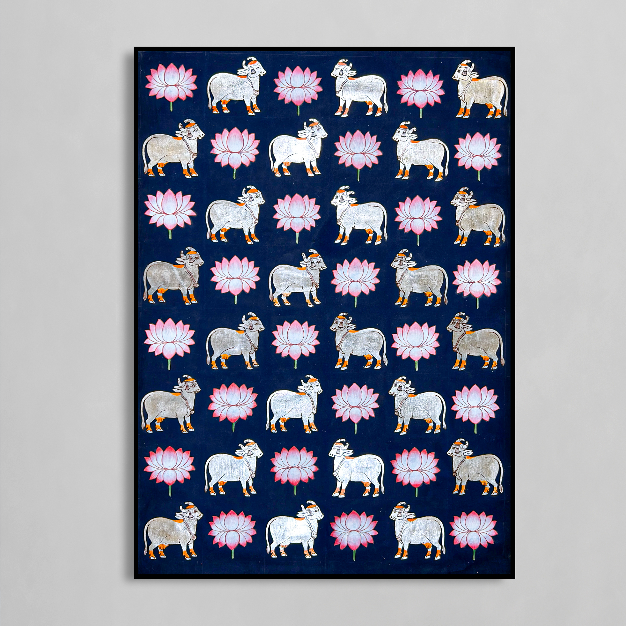 2026 - Handmade Pichwai Art -Shreenathji Silver Cows on Dark Blue background painting