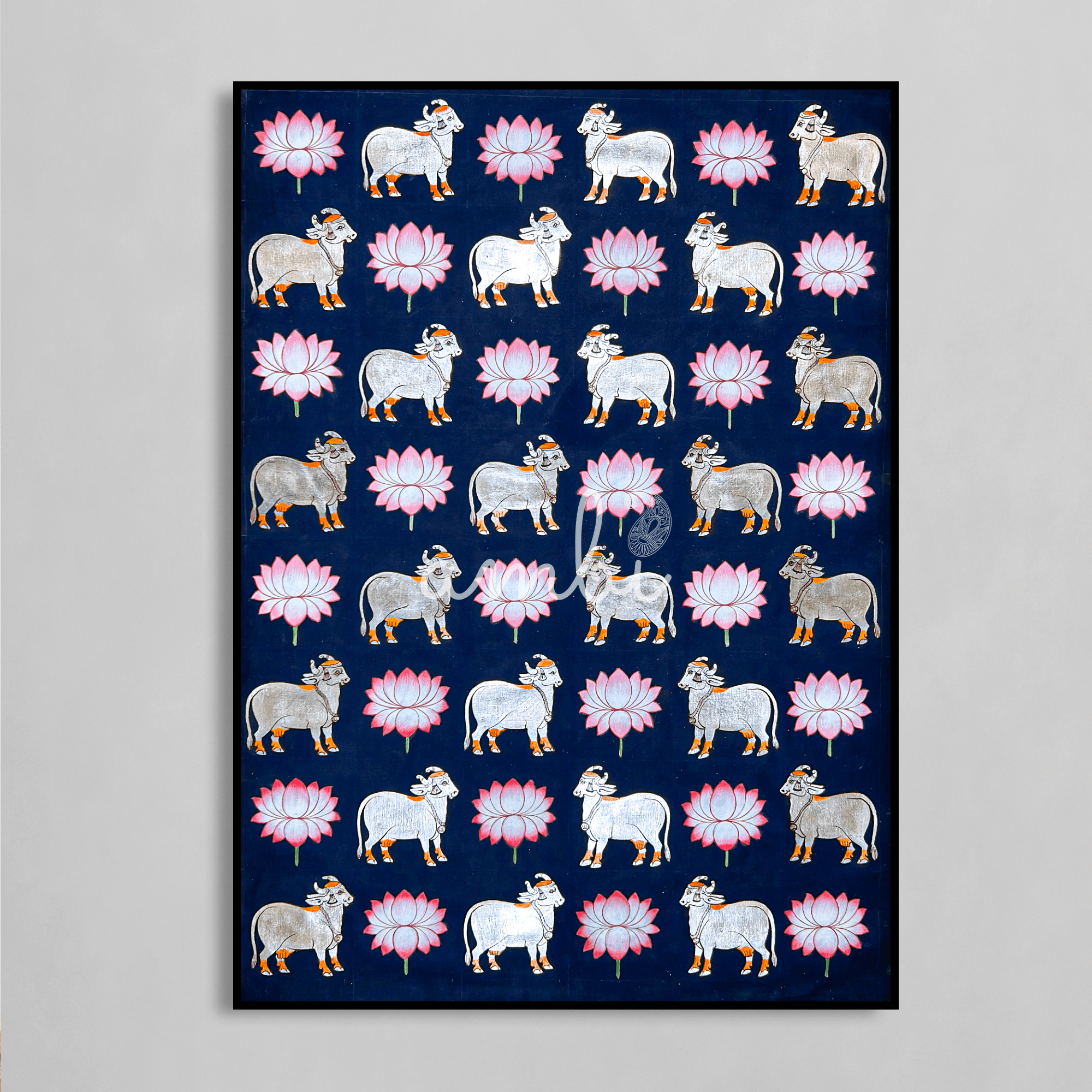 2026 - Handmade Pichwai Art -Shreenathji Silver Cows on Dark Blue background painting