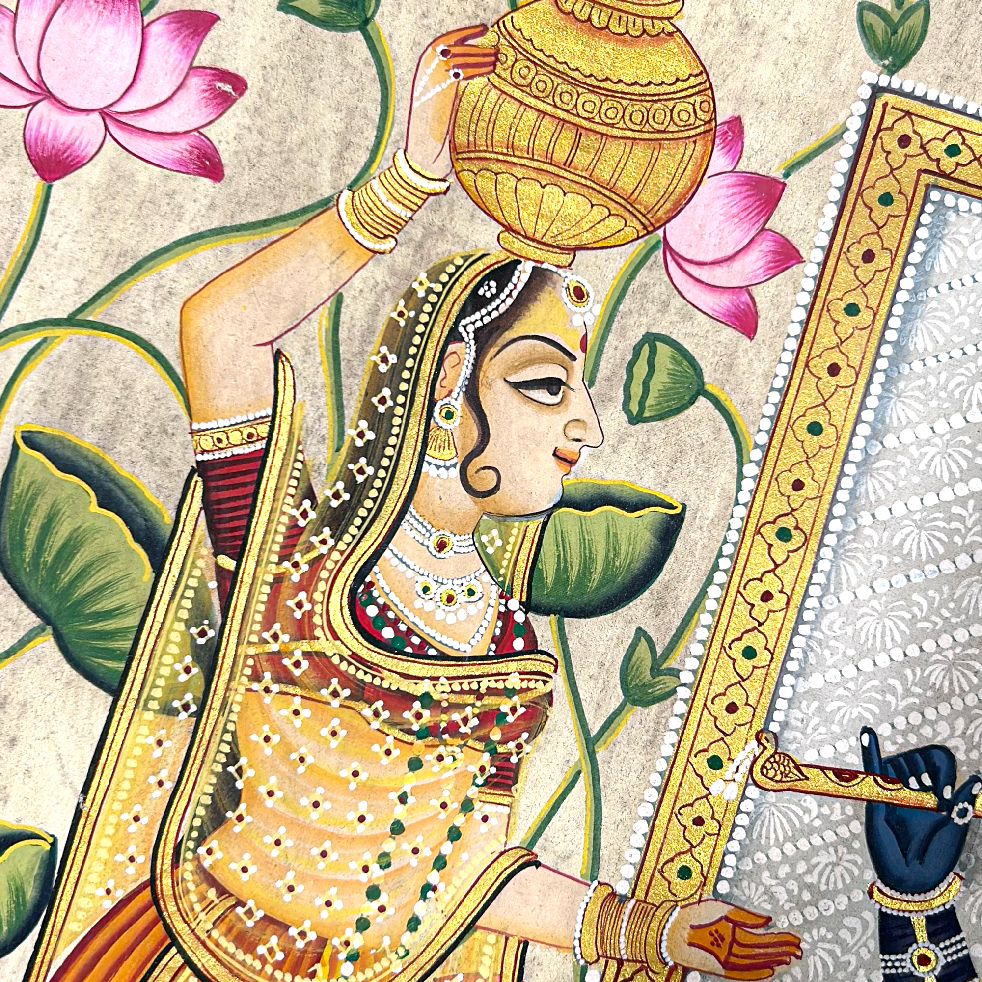 2026 - Pichwai Art - Handmade Shreenathji with Gopis and Lotus Flowers Painting