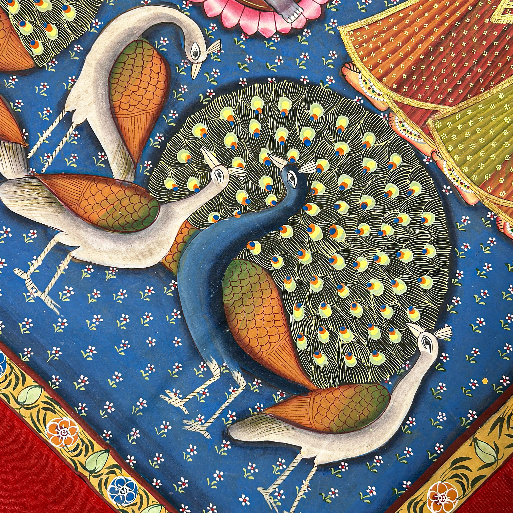 Pichwai Art - Hand Painted Shreenathji, Gopis and Peacocks Painting