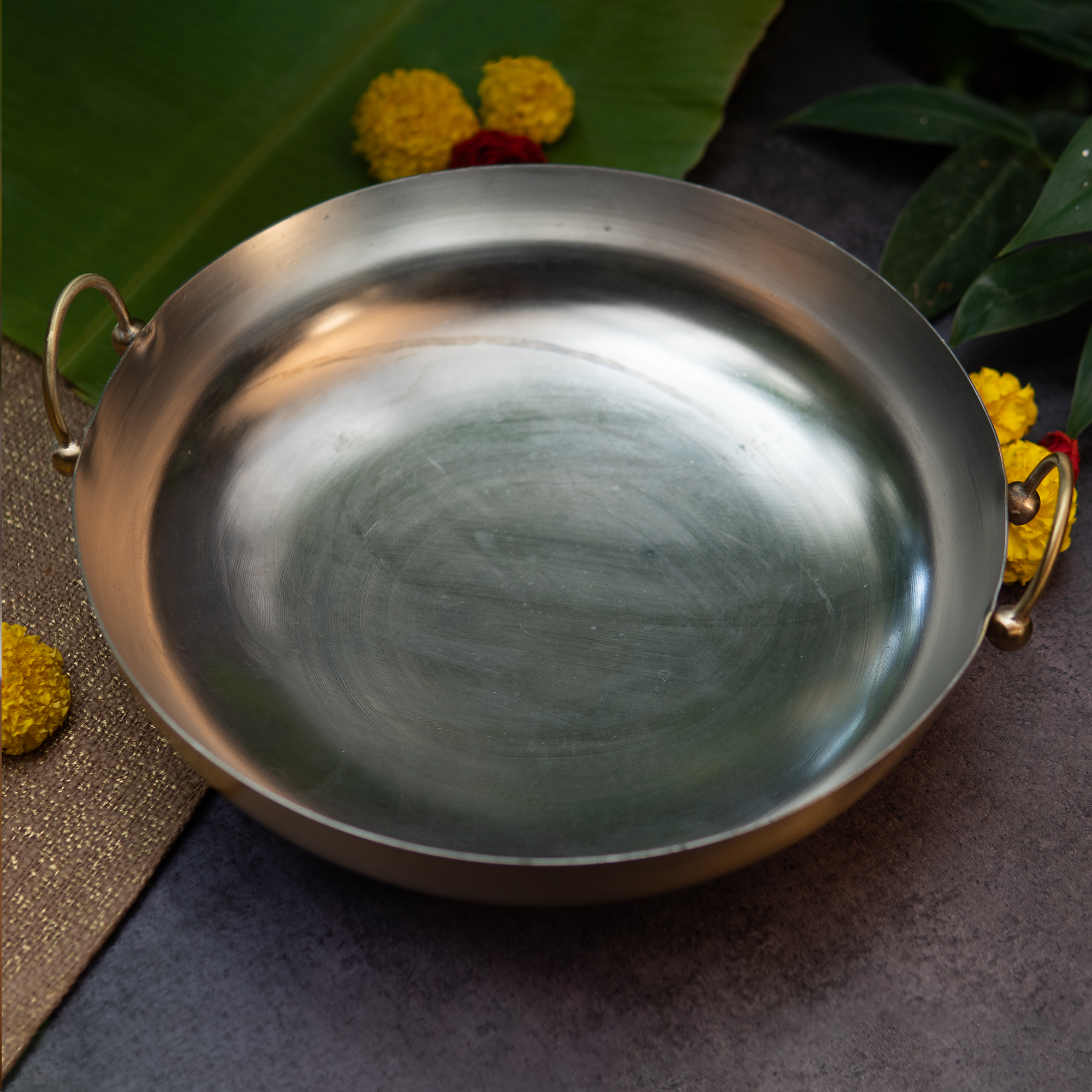Pure Brass Heavy Base Kadhai — Large 13 Inches | 1.75 KG | Ambi