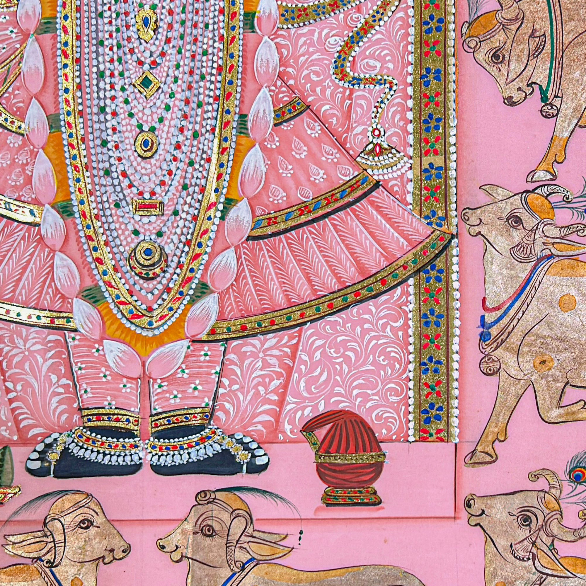 Handmade Pichwai Art - Shreenath Ji Silver Leaf Work Pink Painting