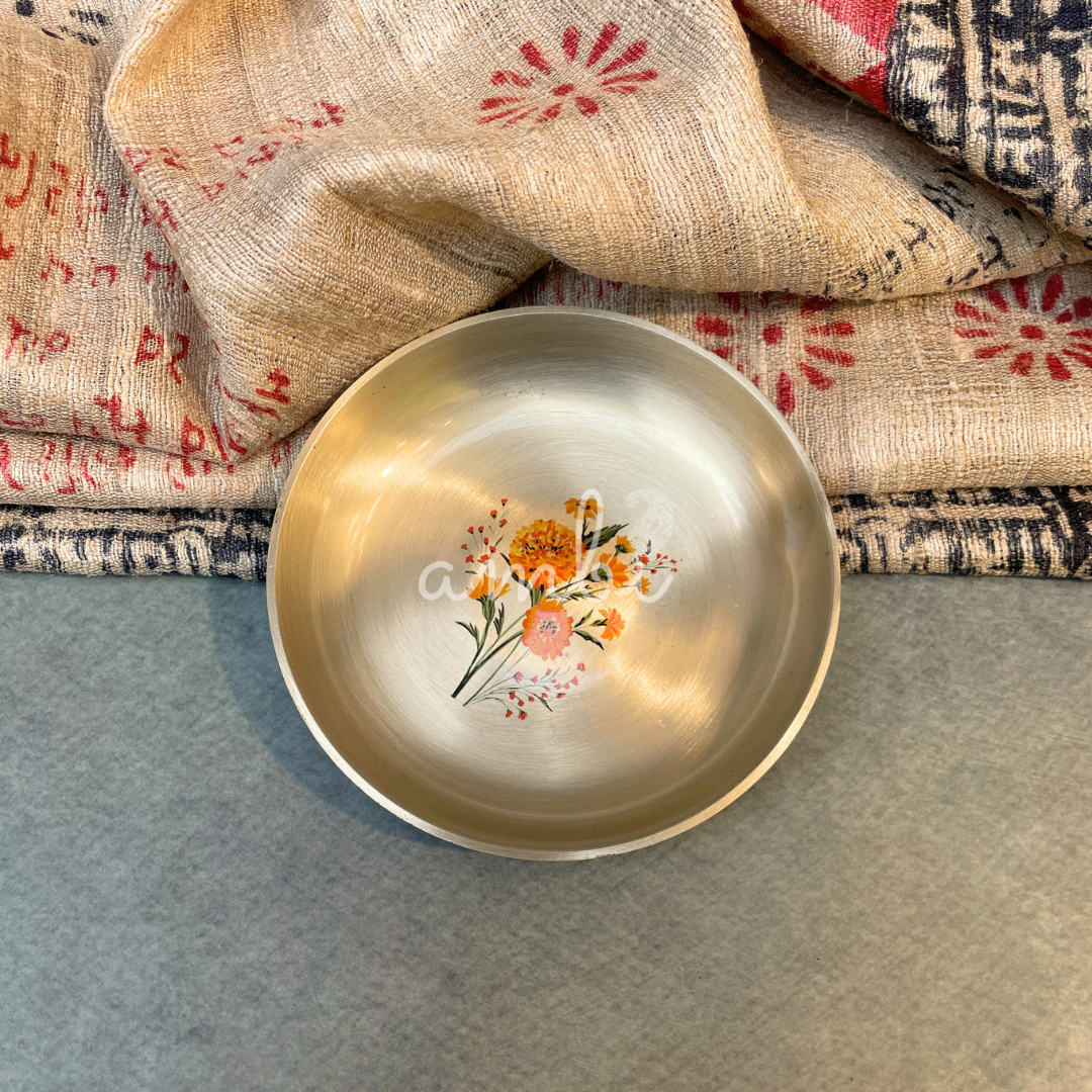 Ambi Pure Kansa Marigold Hand Painted Plate – 4 Inch | Dessert & Puja Plate