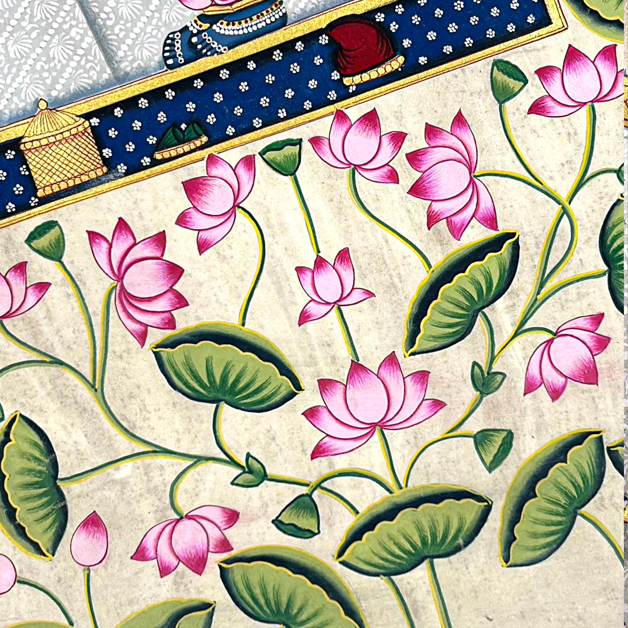 2025 Pichwai Art - Handmade Shreenathji with Gopis and Lotus Flowers Painting