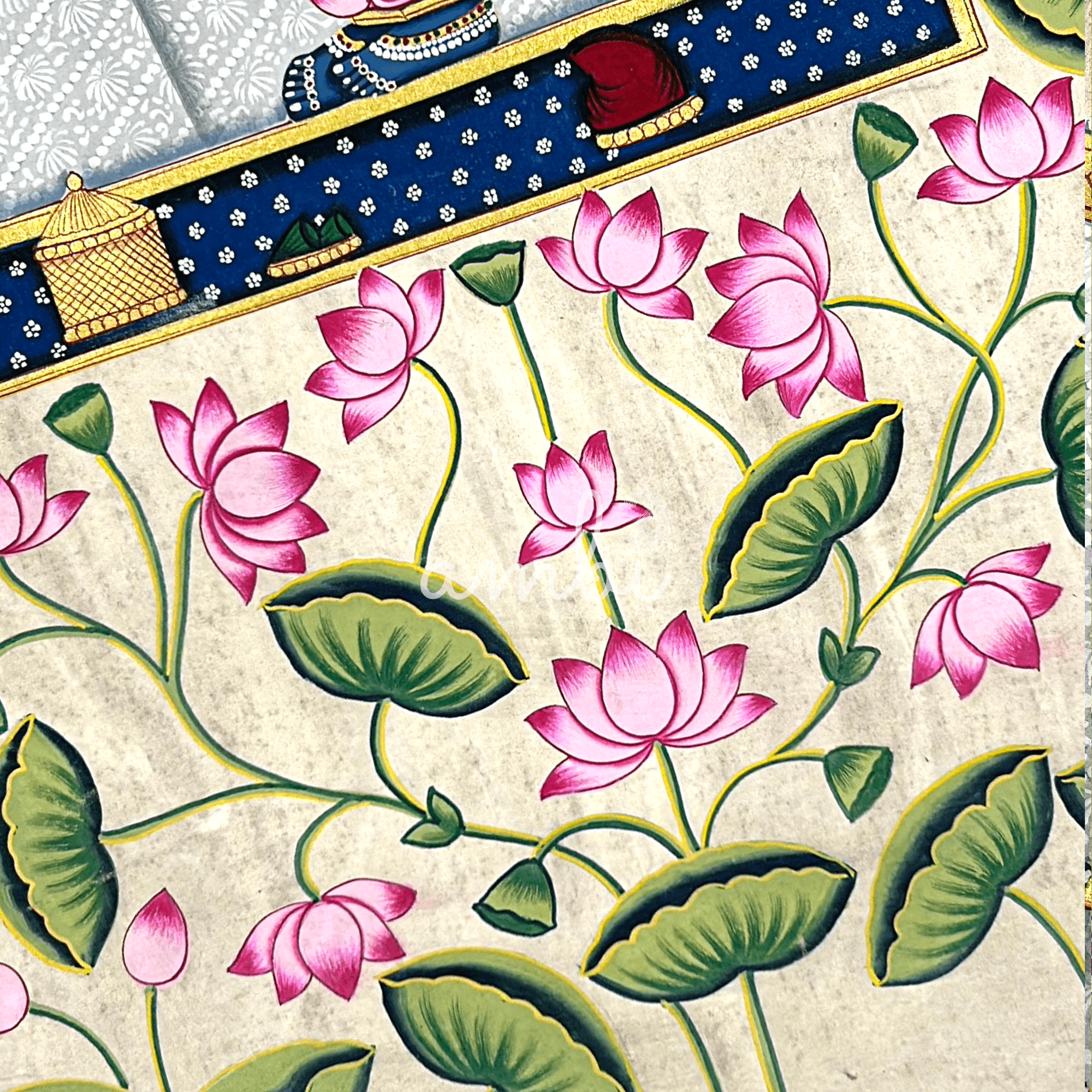 2026 - Pichwai Art - Handmade Shreenathji with Gopis and Lotus Flowers Painting