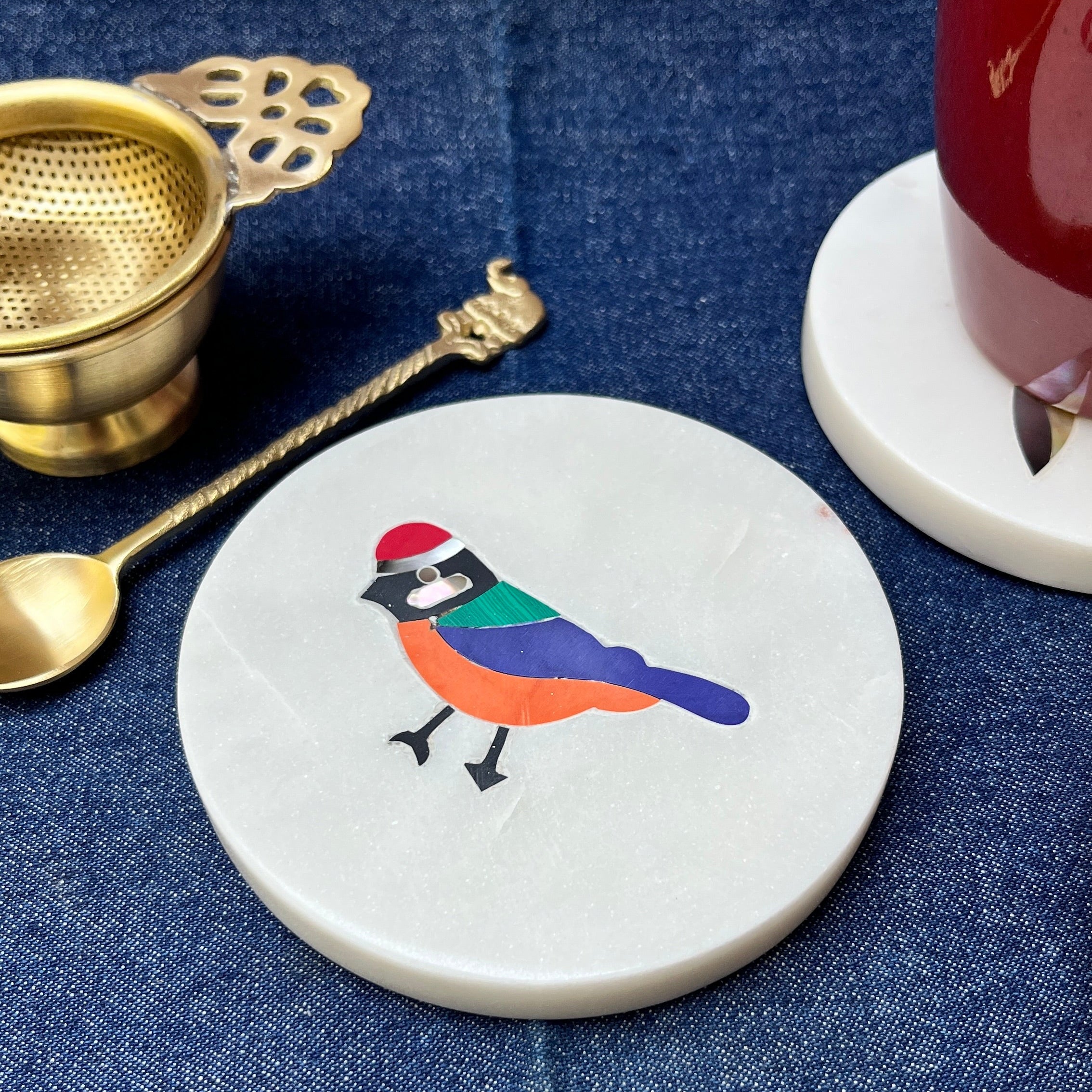 Ambi Marble Bird Art Coasters with Inlay work - Set of 2