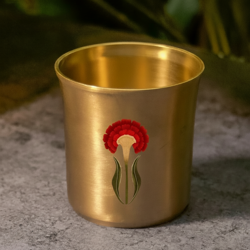 AMBI Pure 100% Lead Free Kansa (Bronze) Floral Hand Painted Finish Water Glass - 275 ML