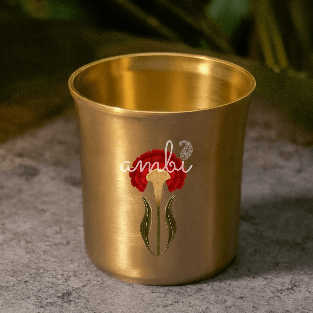 AMBI Pure 100% Lead Free Kansa (Bronze) Floral Hand Painted Finish Water Glass - 275 ML