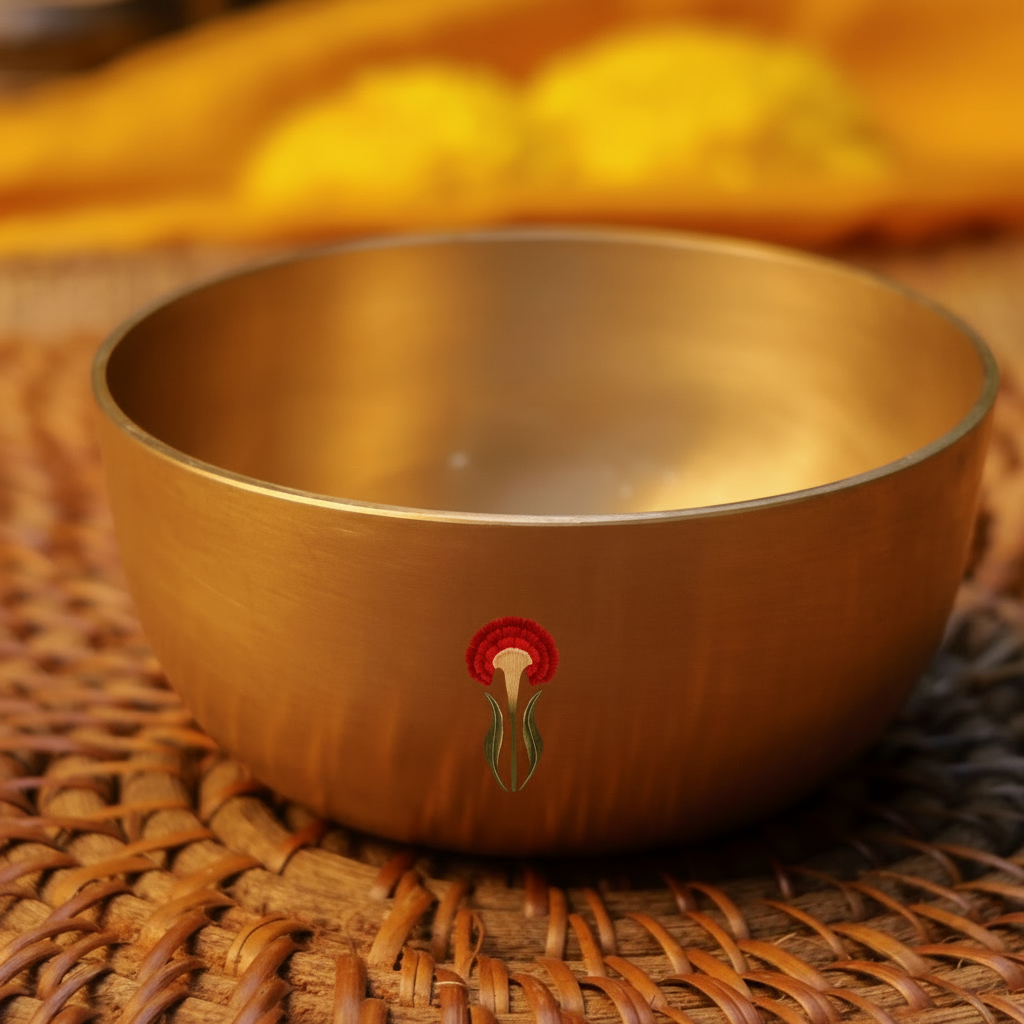 AMBI Pure 100% Lead Free Kansa Floral Hand Painted Finish Small Katori / Bowl - 3.5 inches (120 Gms)