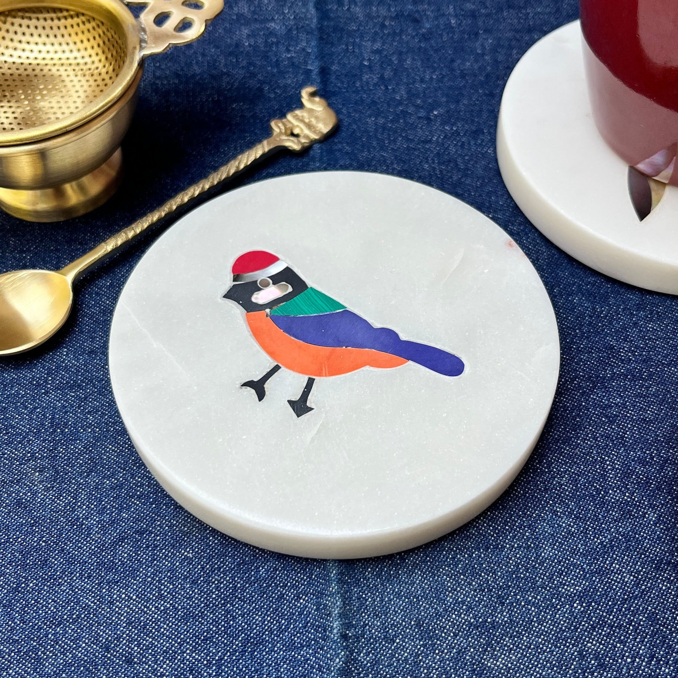 Ambi Marble Bird Art Coasters with Inlay work - Set of 2