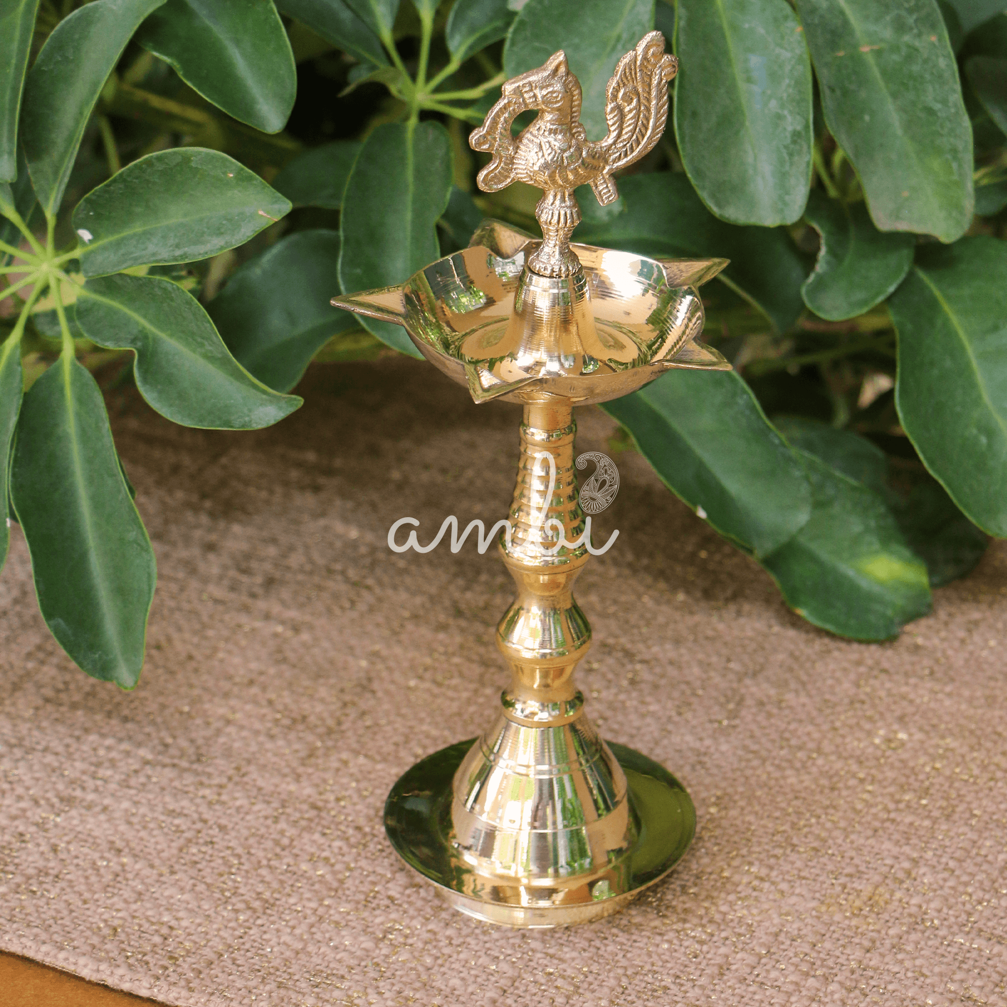deepa 100% Pure Brass Pooja Deepam / Deepak - 5 Baati - with Brass Murga Large