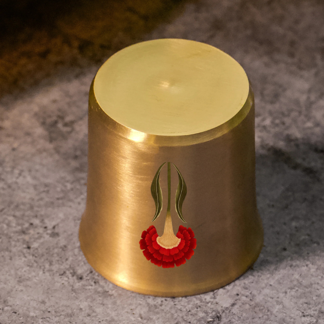 AMBI Pure 100% Lead Free Kansa (Bronze) Floral Hand Painted Finish Water Glass - 275 ML