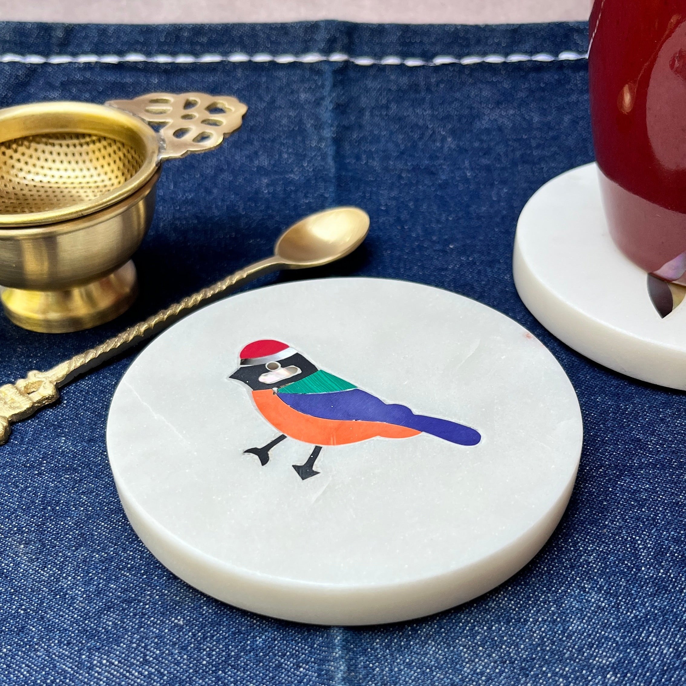 Ambi Marble Bird Art Coasters with Inlay work - Set of 2