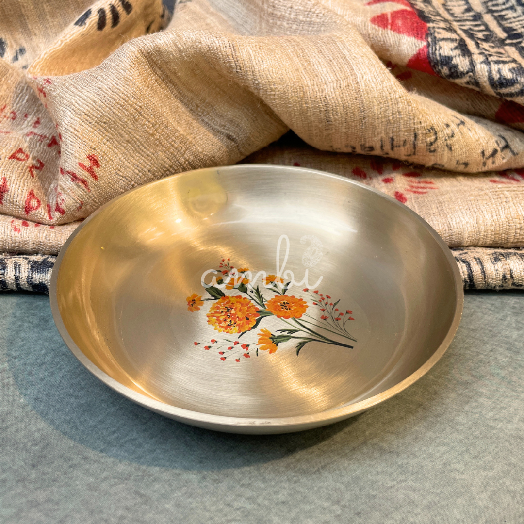 Ambi Pure Kansa Marigold Hand Painted Plate – 4 Inch | Dessert & Puja Plate