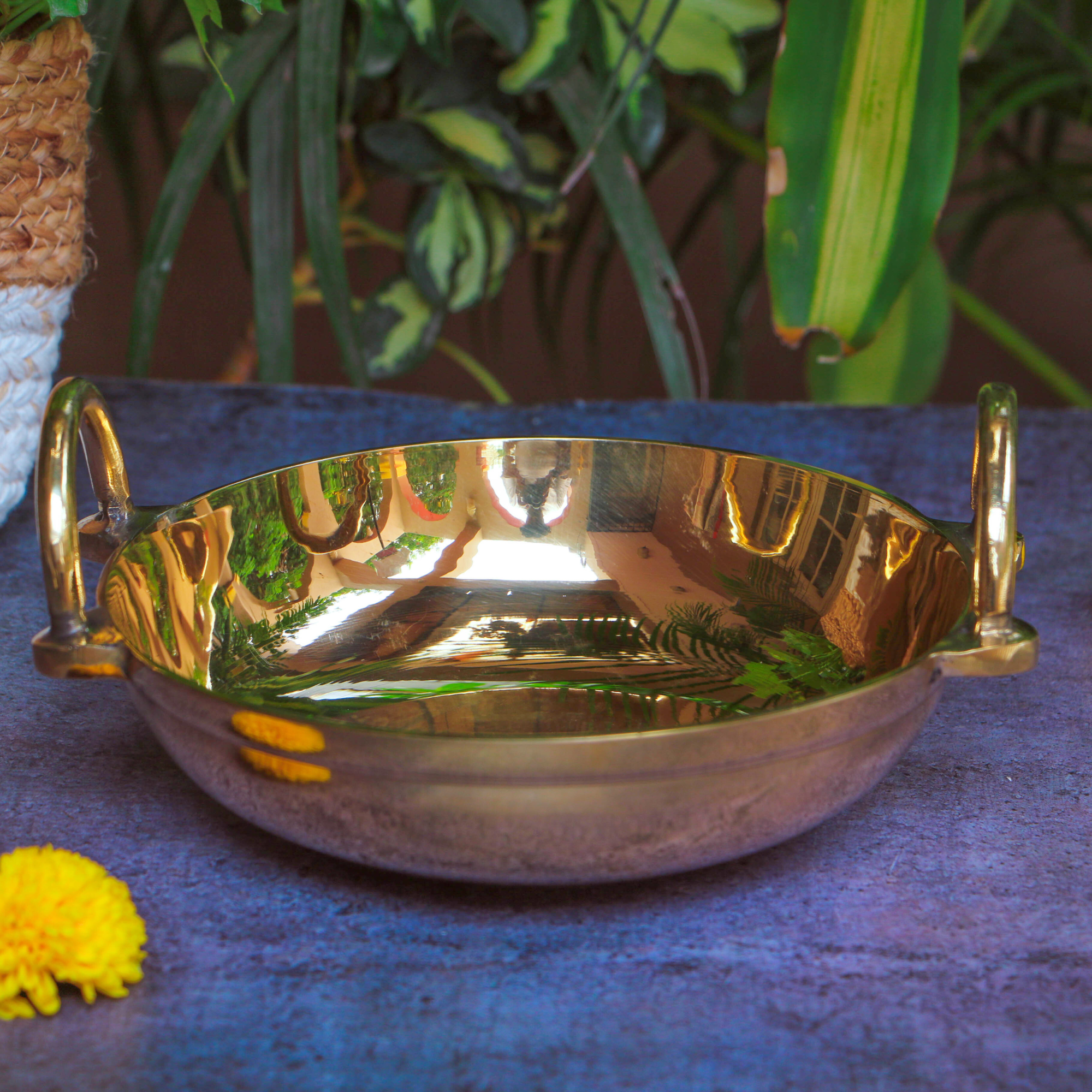 Ambi 100% Pure Brass 'Peetal ki Kadai ' with Durable Handles - Medium - Heavy Bottom 8 inch - 1 Litre