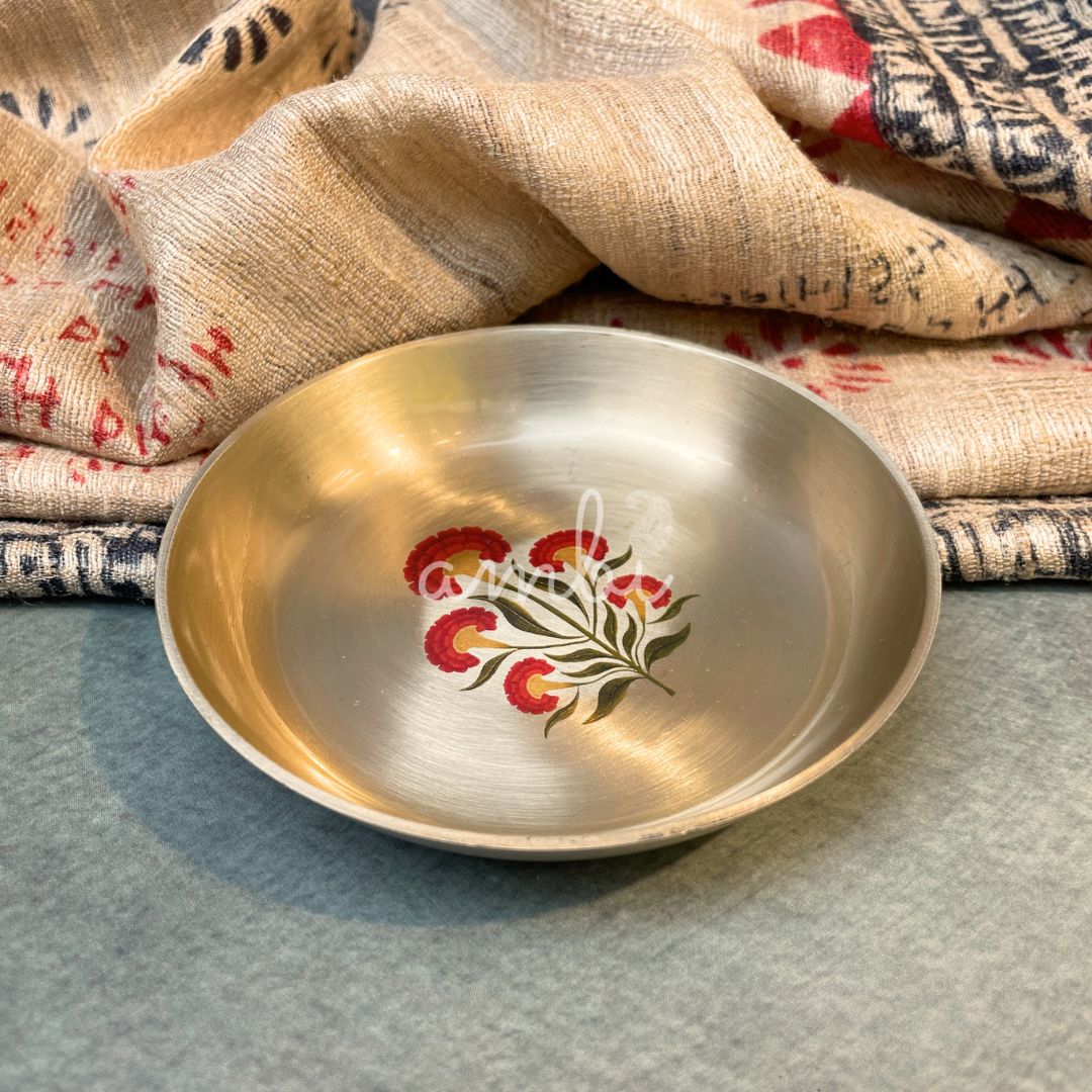 Ambi Pure Kansa Floral Hand Painted Plate – 4 Inch | Dessert & Puja Plate
