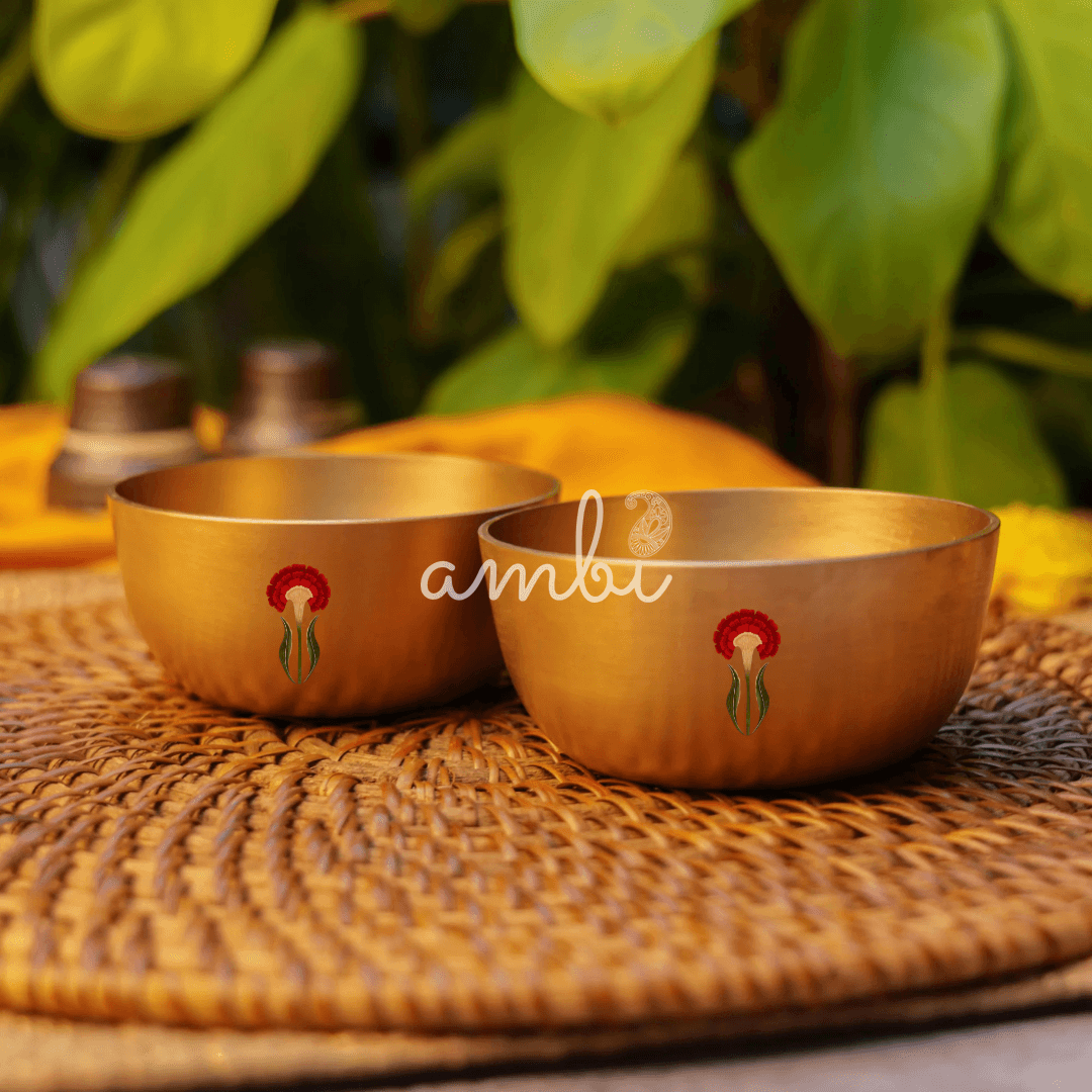 AMBI Pure 100% Lead Free Kansa Floral Hand Painted Finish Small Katori / Bowl - 3.5 inches - 170 ML