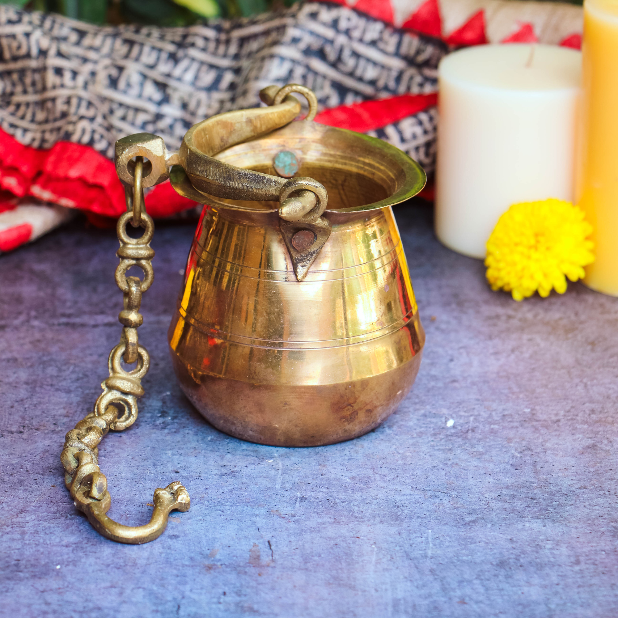 Handcrafted Vintage Heritage Brass Lota with Hanging Chain | Ambi