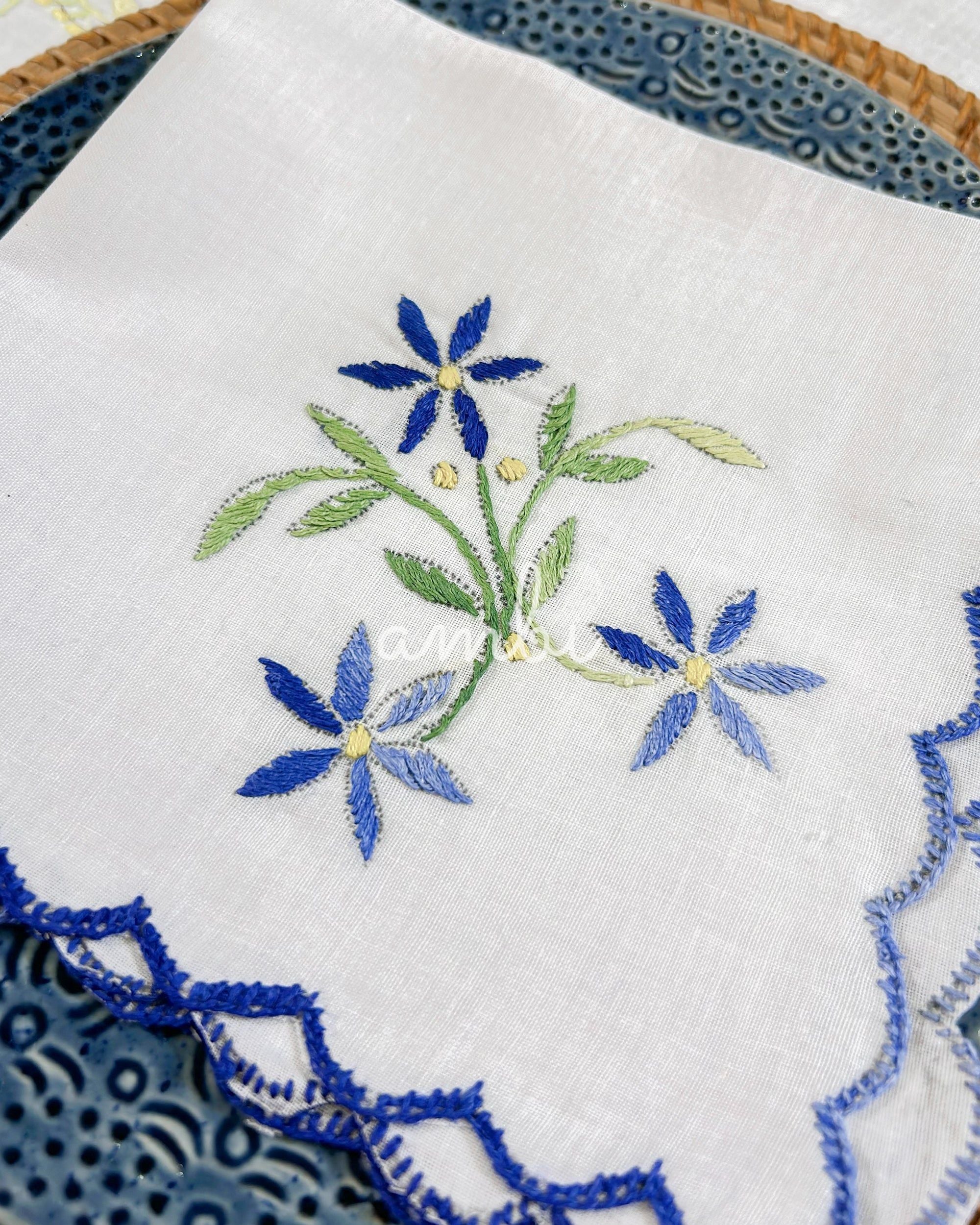 2026 Collection - Hand Embroidered Linen Napkins - Set of 6 - Green