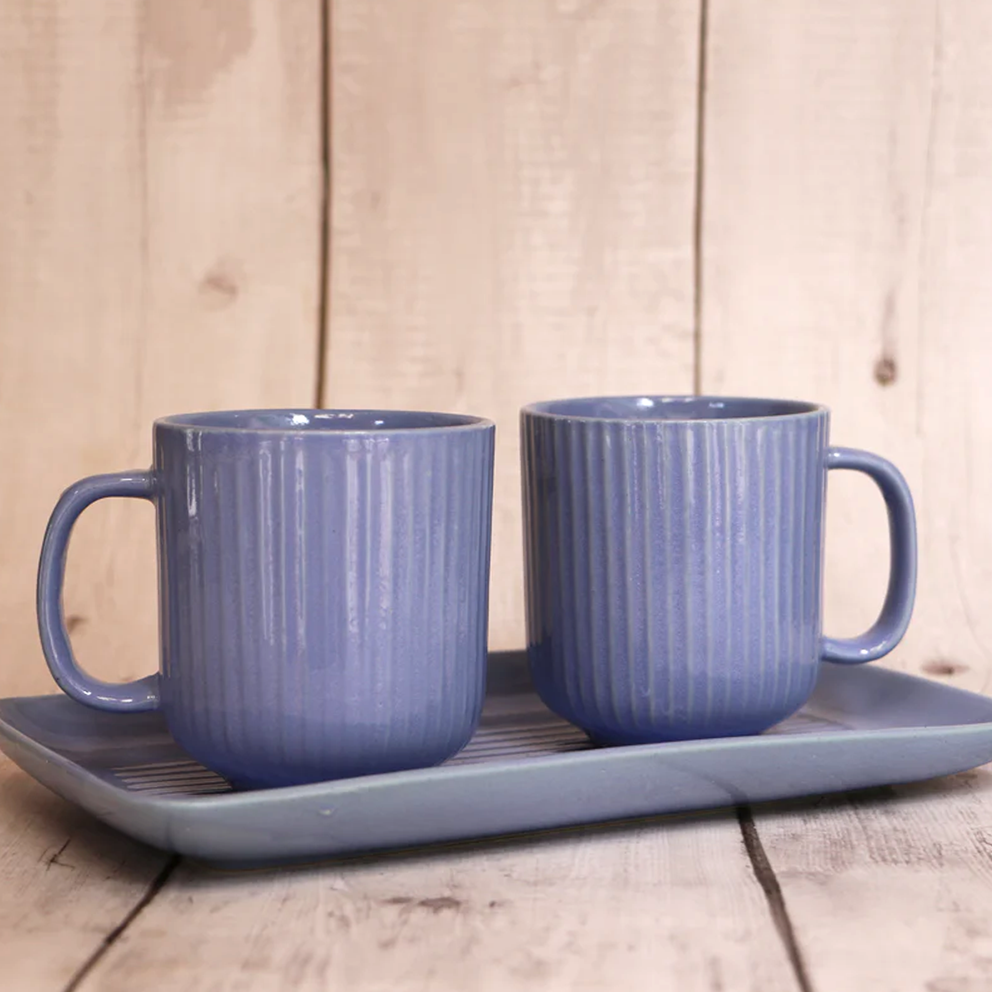 Ambi Handmade Coral Reef Purple Ceramic Cups and Platter 3 Piece Set