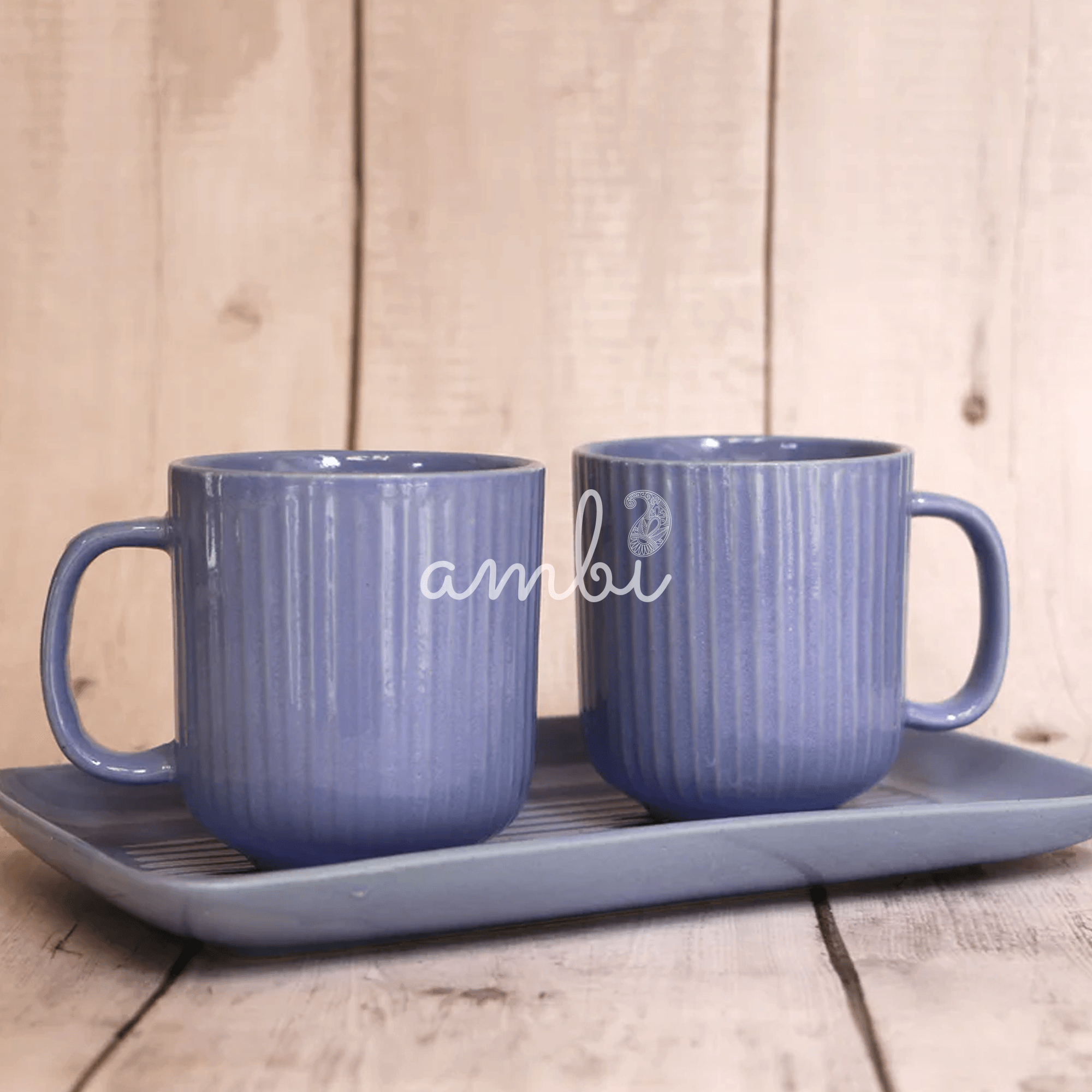 Ambi Handmade Coral Reef Purple Ceramic Cups and Platter 3 Piece Set