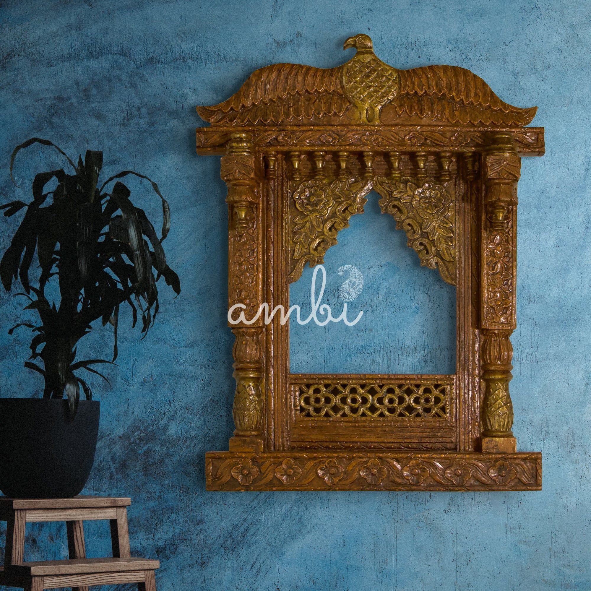 Hand Crafted Wooden Jharoka Wall Decor with a Falcon Top