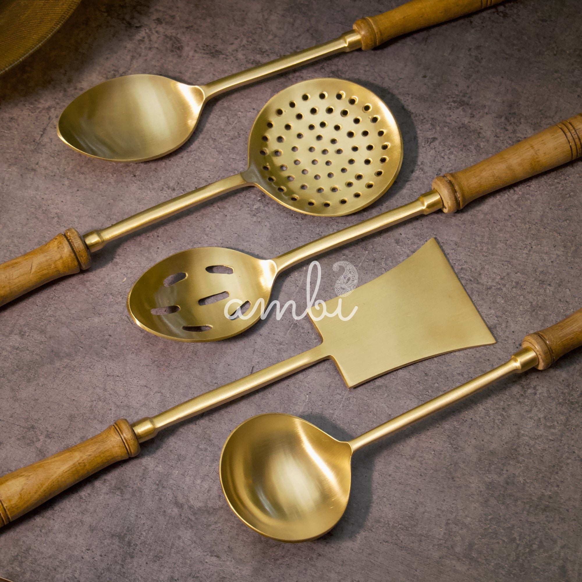 Heavy Brass Cooking Ladles / Karchi - Set of Five - Matt Finish