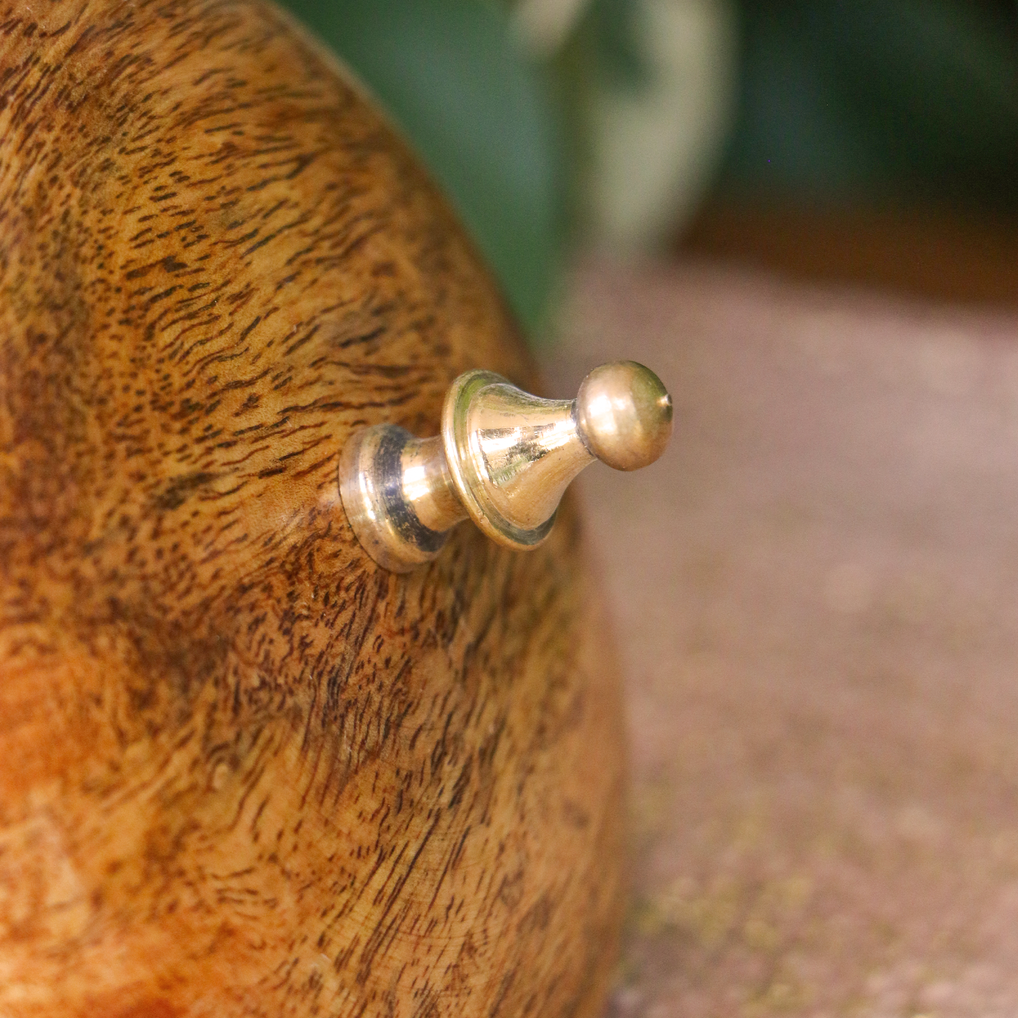 Close-up of a wooden object with a gold knob on a blurred background