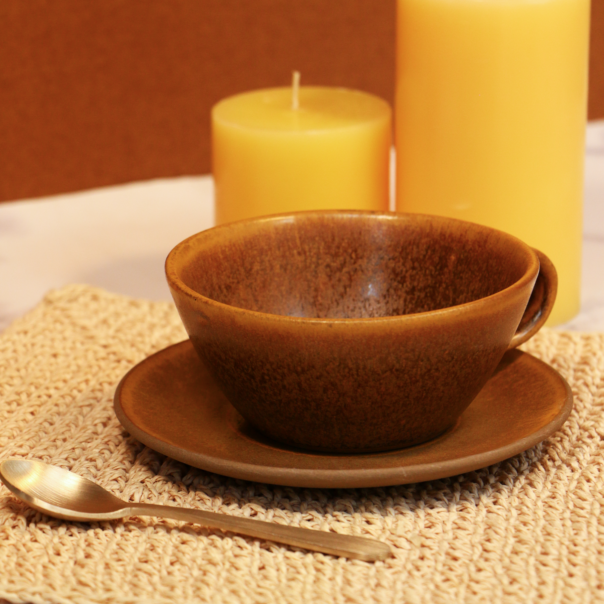 2026 - Handmade Ceramic brown Fig textured Cup and Saucer 300 ml
