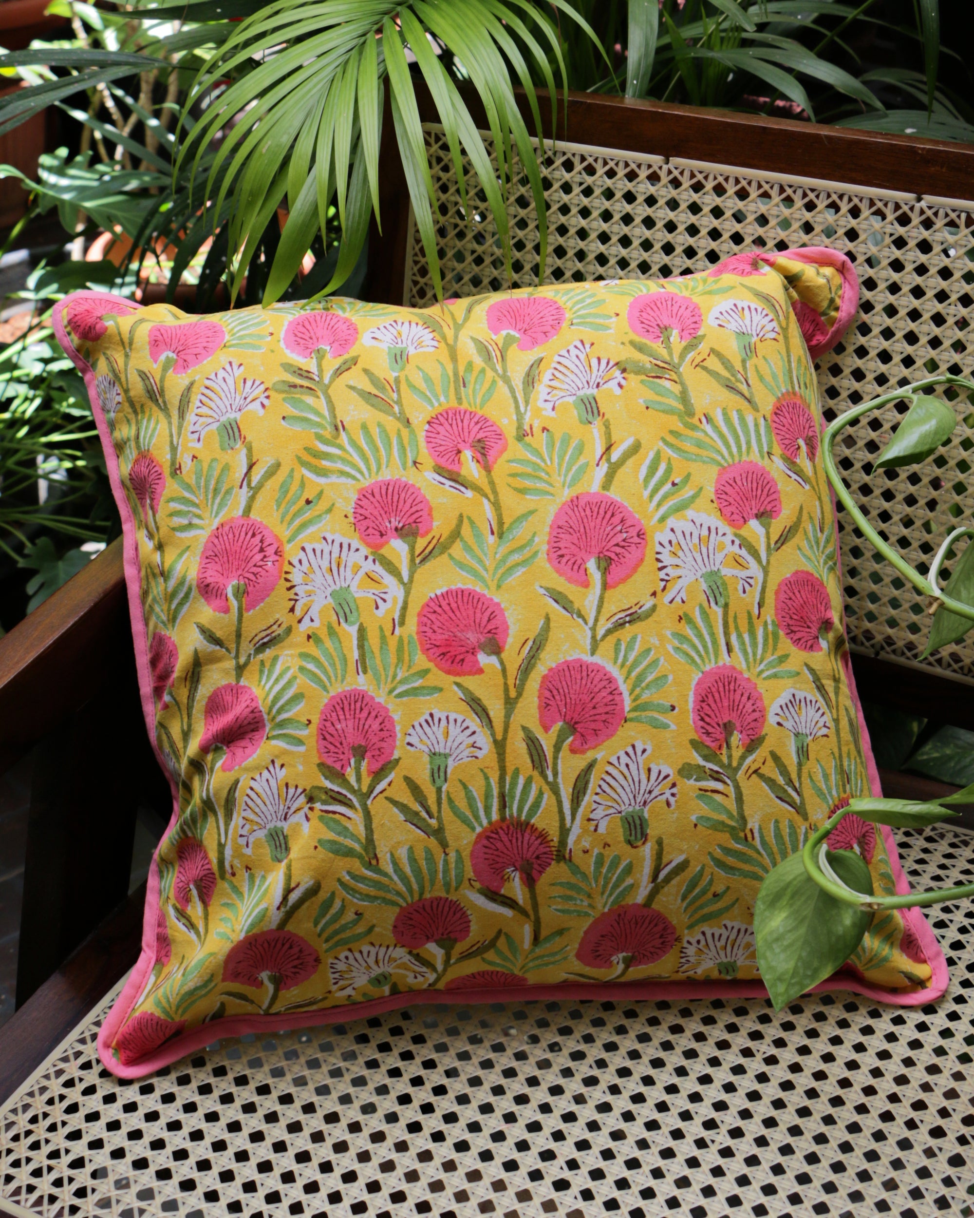 2026 Collection - Hand Block Printed Double Side Cushion Cover Yellow ( Set of 6) - 16 X 16 inches