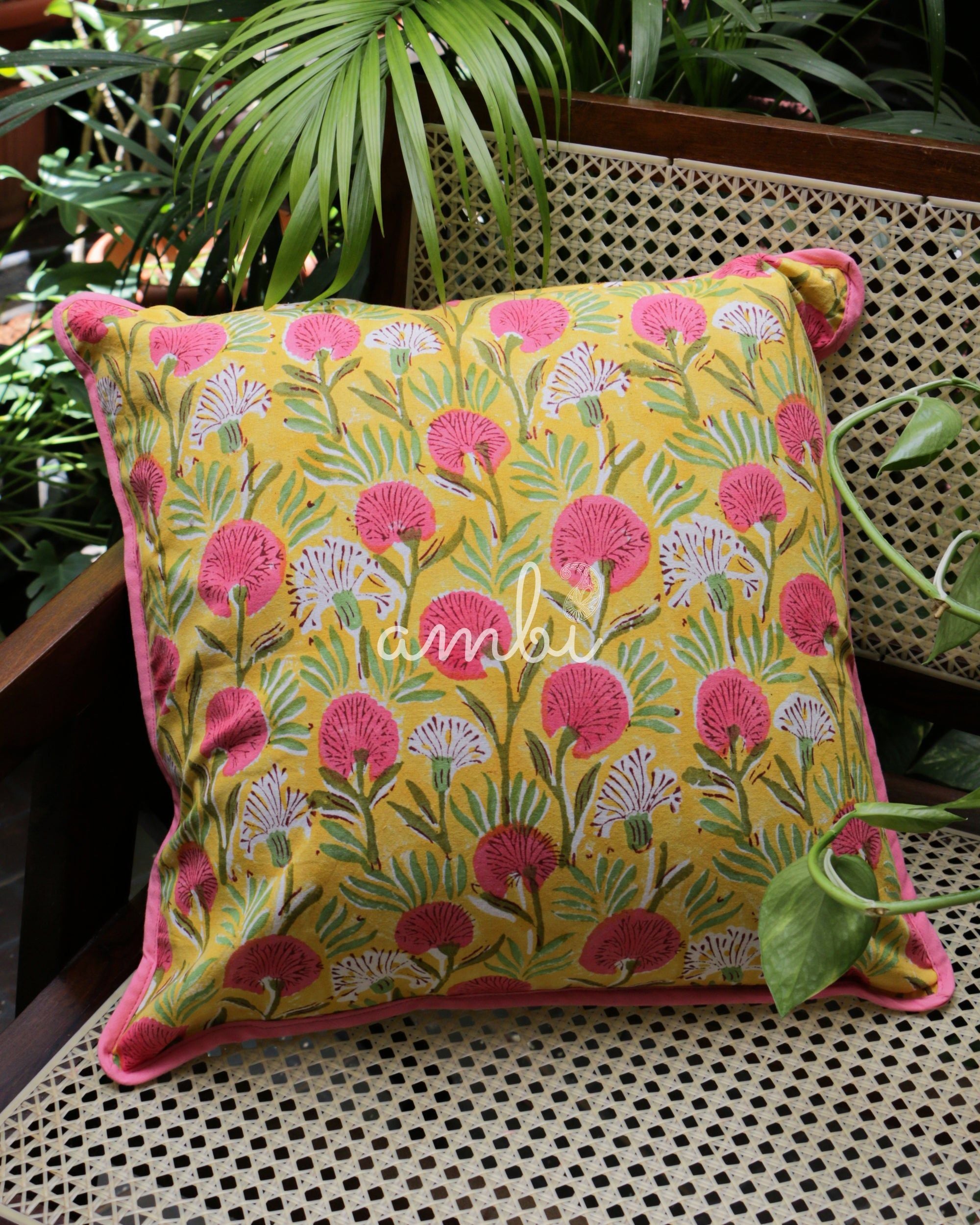 2026 Collection - Hand Block Printed Double Side Cushion Cover Yellow ( Set of 6) - 16 X 16 inches