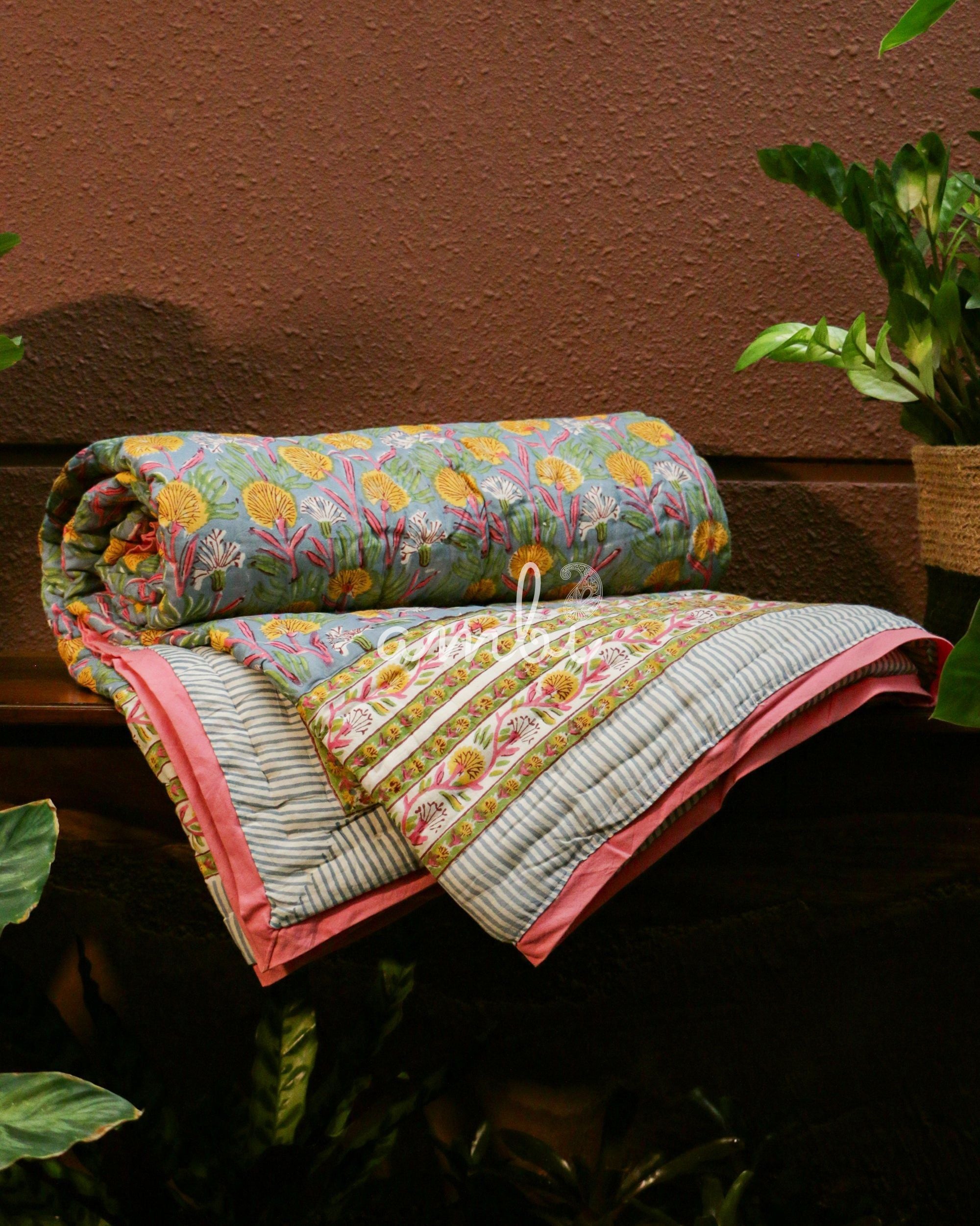 2026 Collection - Floral Yellow Hand Block Printed Jaipuri Rajai / Quilt- Singles - Pair of 2 - 60X90 Inches each