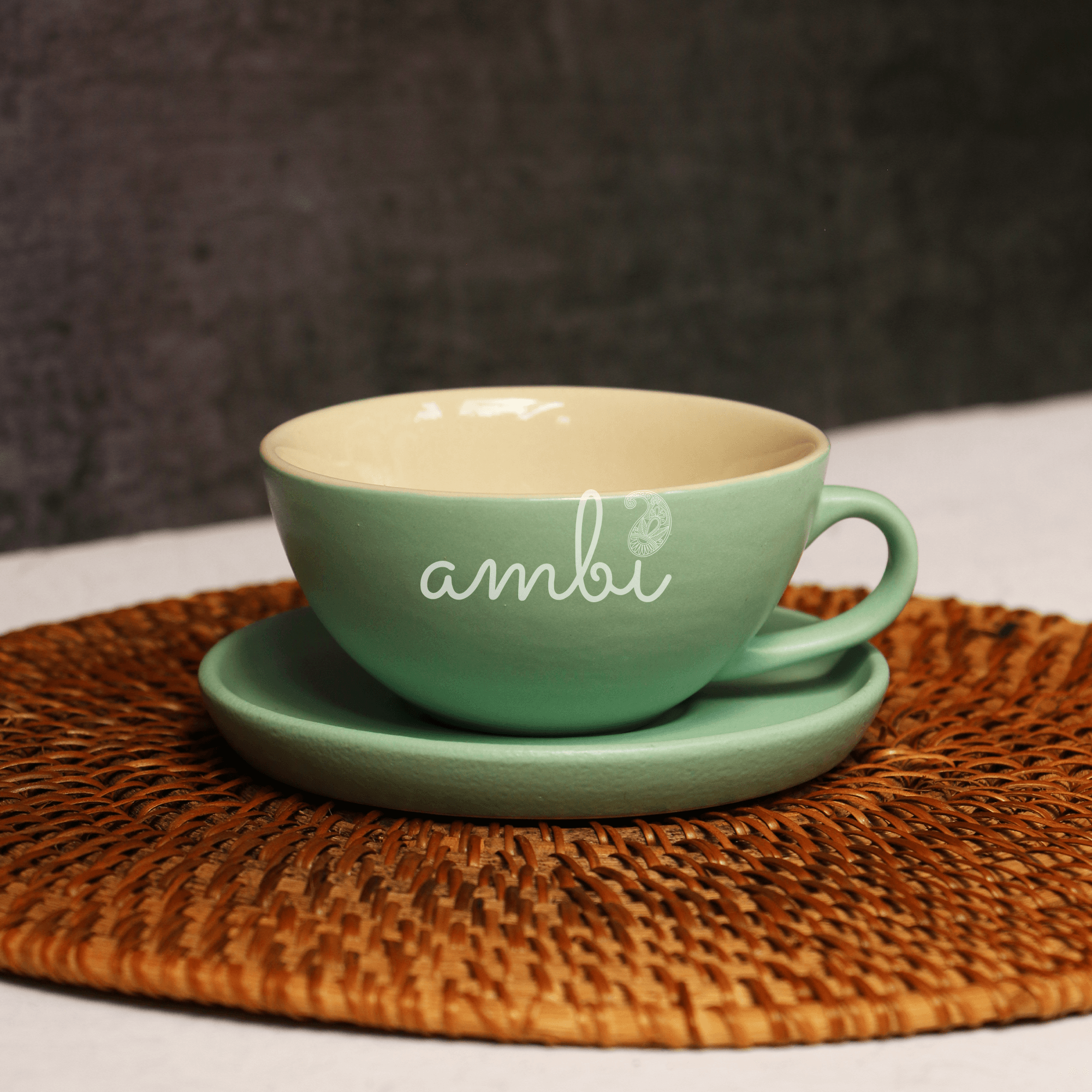 Ambi Ceramic Teal Green Cup and Saucer Set I Handmade Pottery Set of 1 - 180 ml