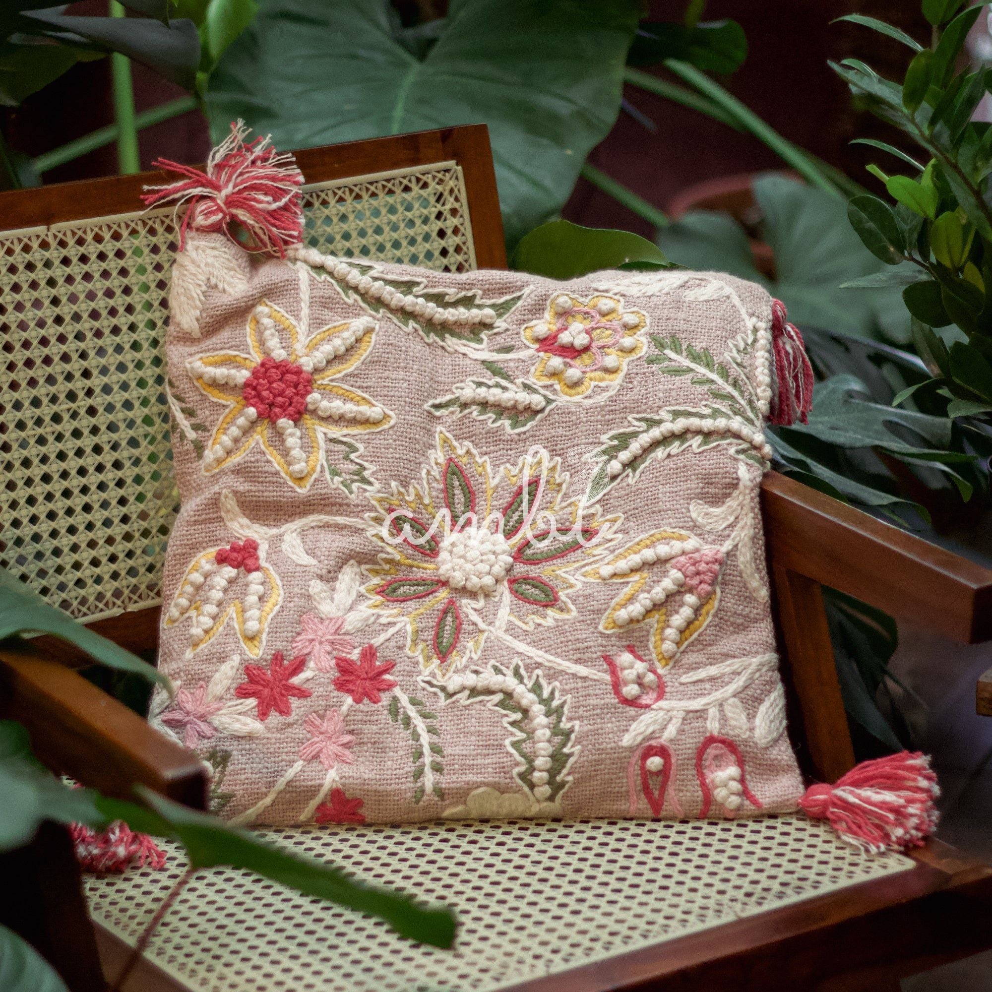 2026 Collection - Hand-Embroidered Flower Pattern Cushion Covers - Set of 2 - 16 X 16 Inches