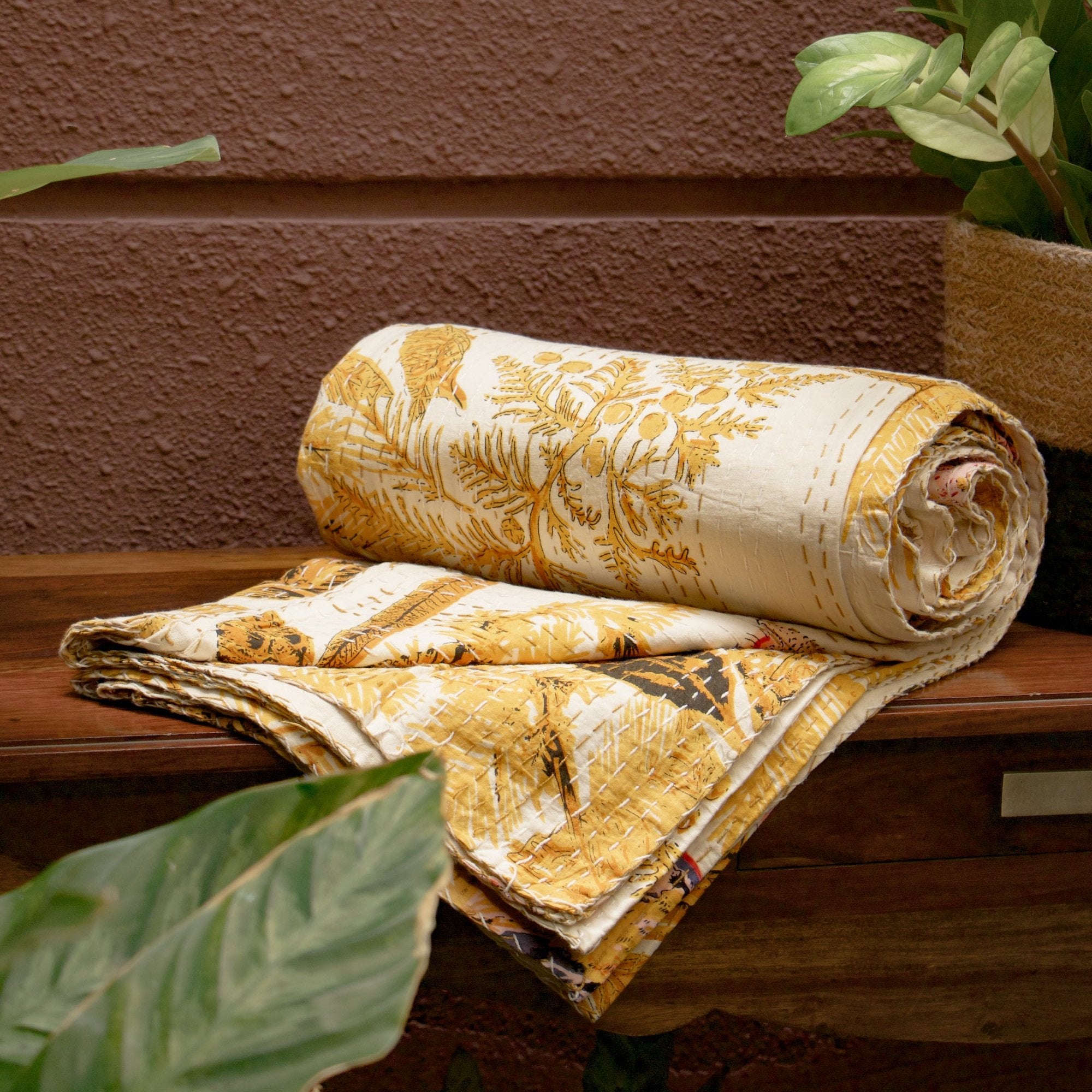 Diwali 2025 Jaipuri Kantha Bedcover - Yellow - (Double) - 90X108 Inches