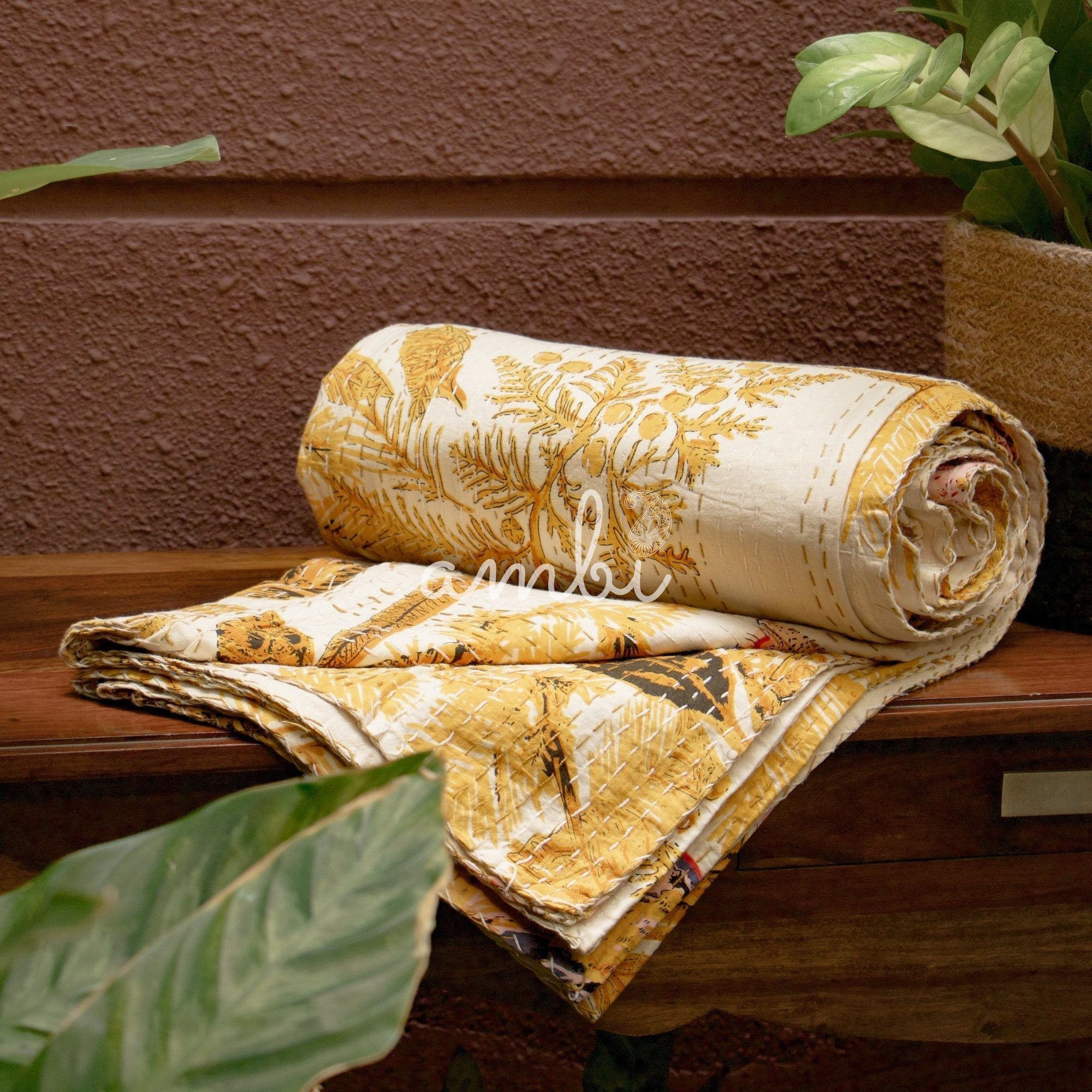 2026 Collection - Jaipuri Kantha Bedcover - Yellow - (Double) - 90X108 Inches