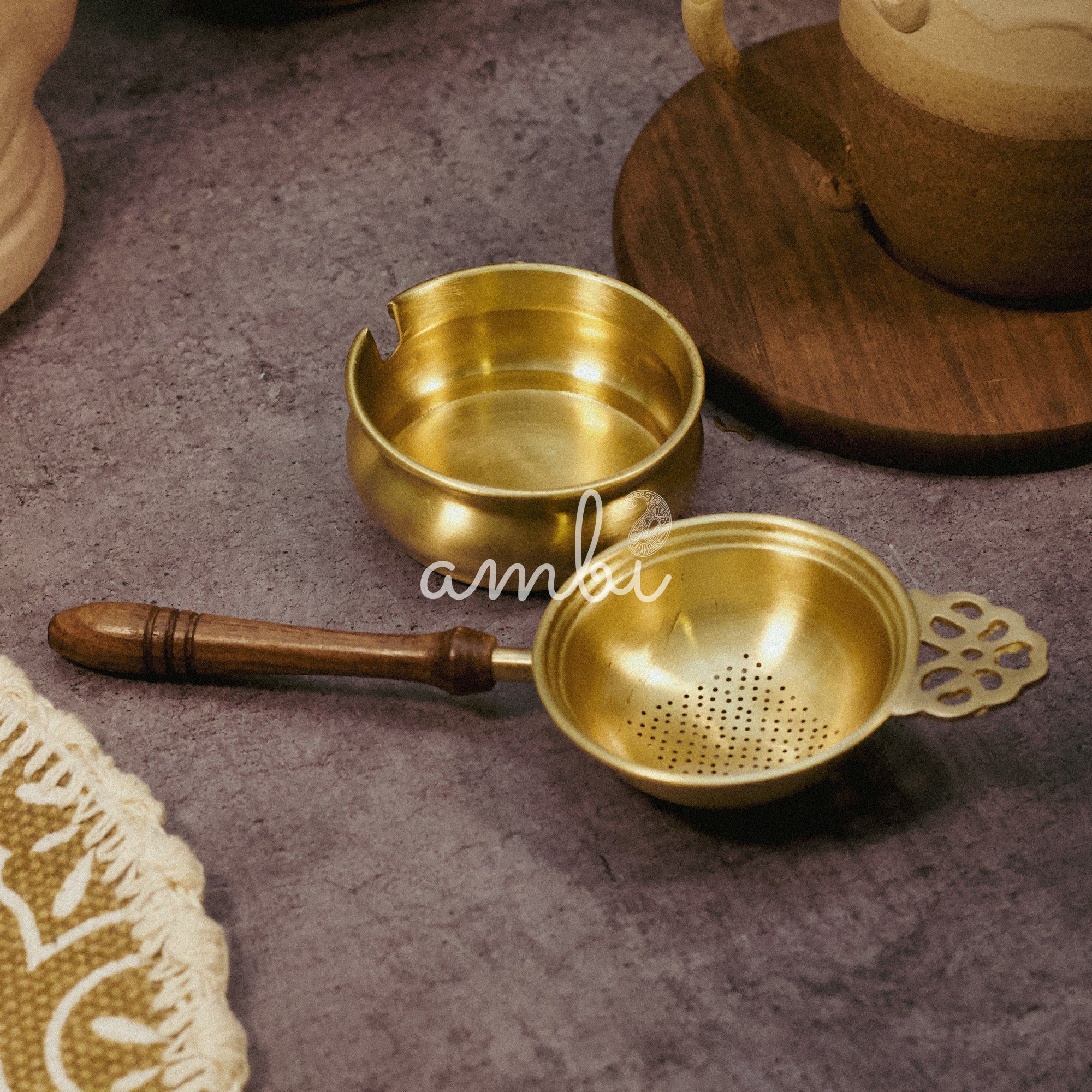 Exquisite Matte Finish 2 Pc Brass Large Tea Strainer with Resting Pot