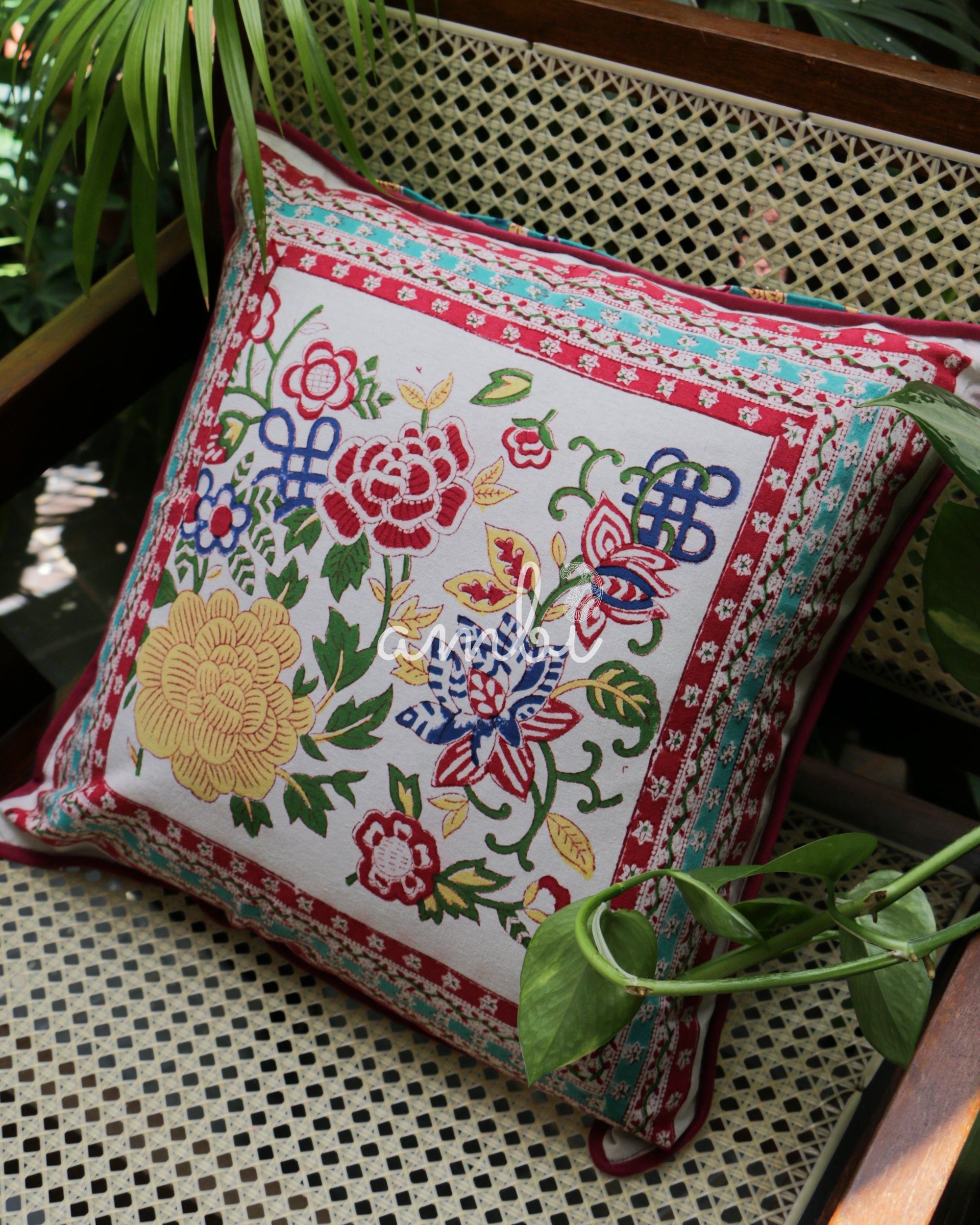 2026 Collection - Hand Block Printed Double Side Cushion Cover Cyan & Pink (Set of 5) - 16 X 16 inches