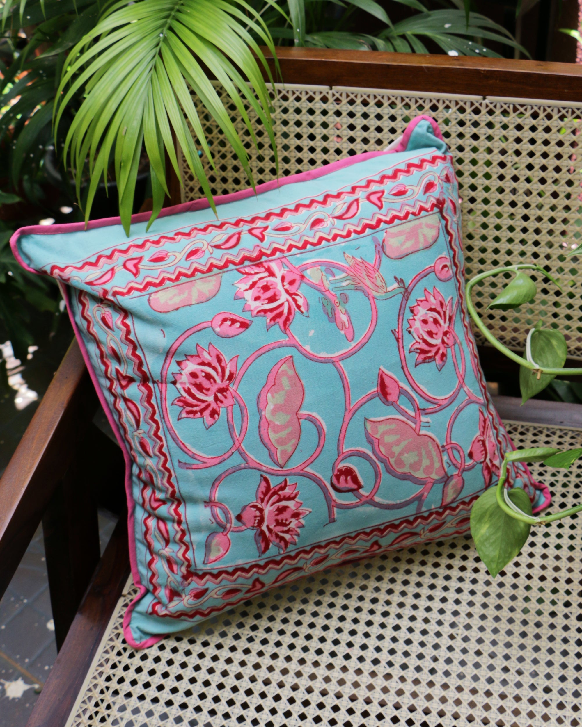 2026 Collection - Hand Block Printed Double Side Cushion Cover Pink & Cyan (Set of 4) - 16 X 16 inches