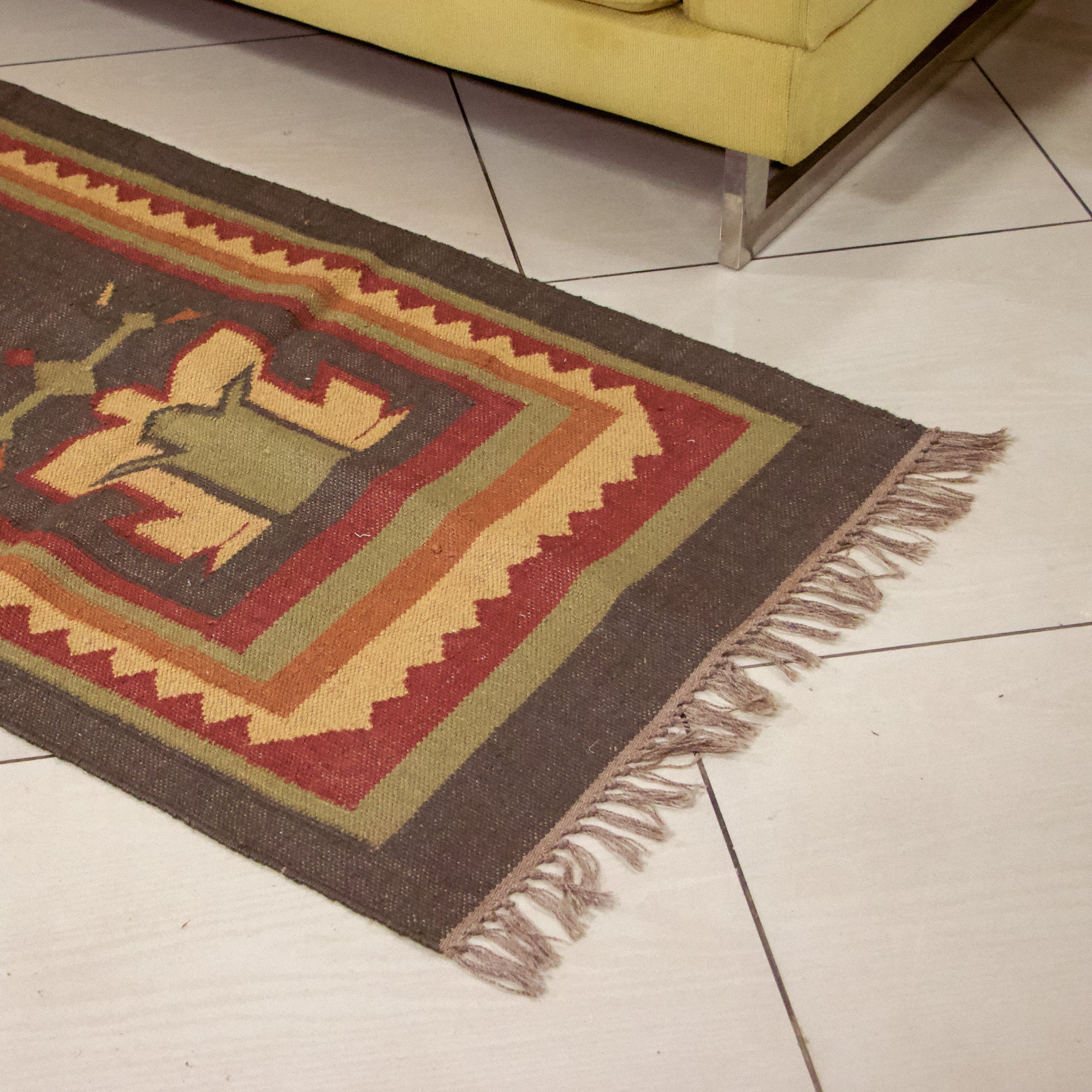 On Sale - Multicolour Woven Durrie / Rug / Bed Side Runner featuring patterns 2.5 X 8 Ft