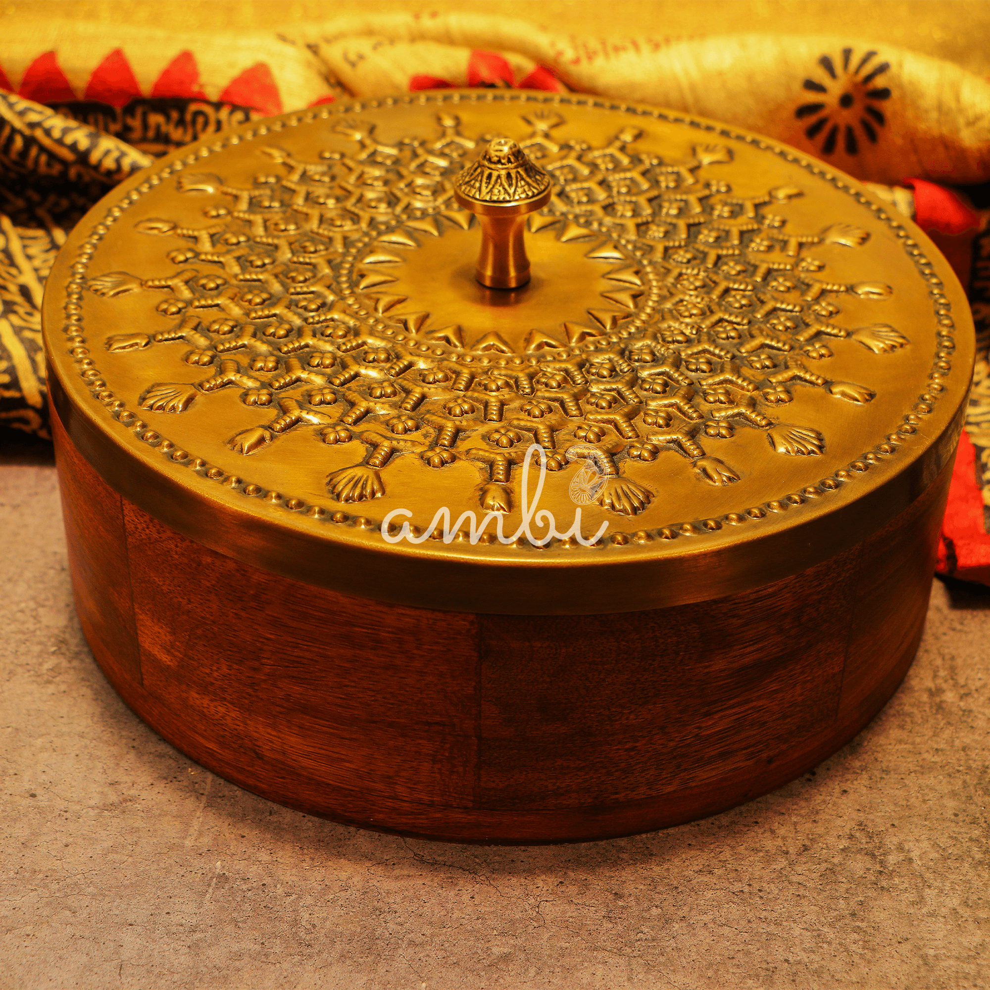 Pure Brass Heavy Inlay Work Chapati / Roti Box - 9 Inches Diameter with Tongs