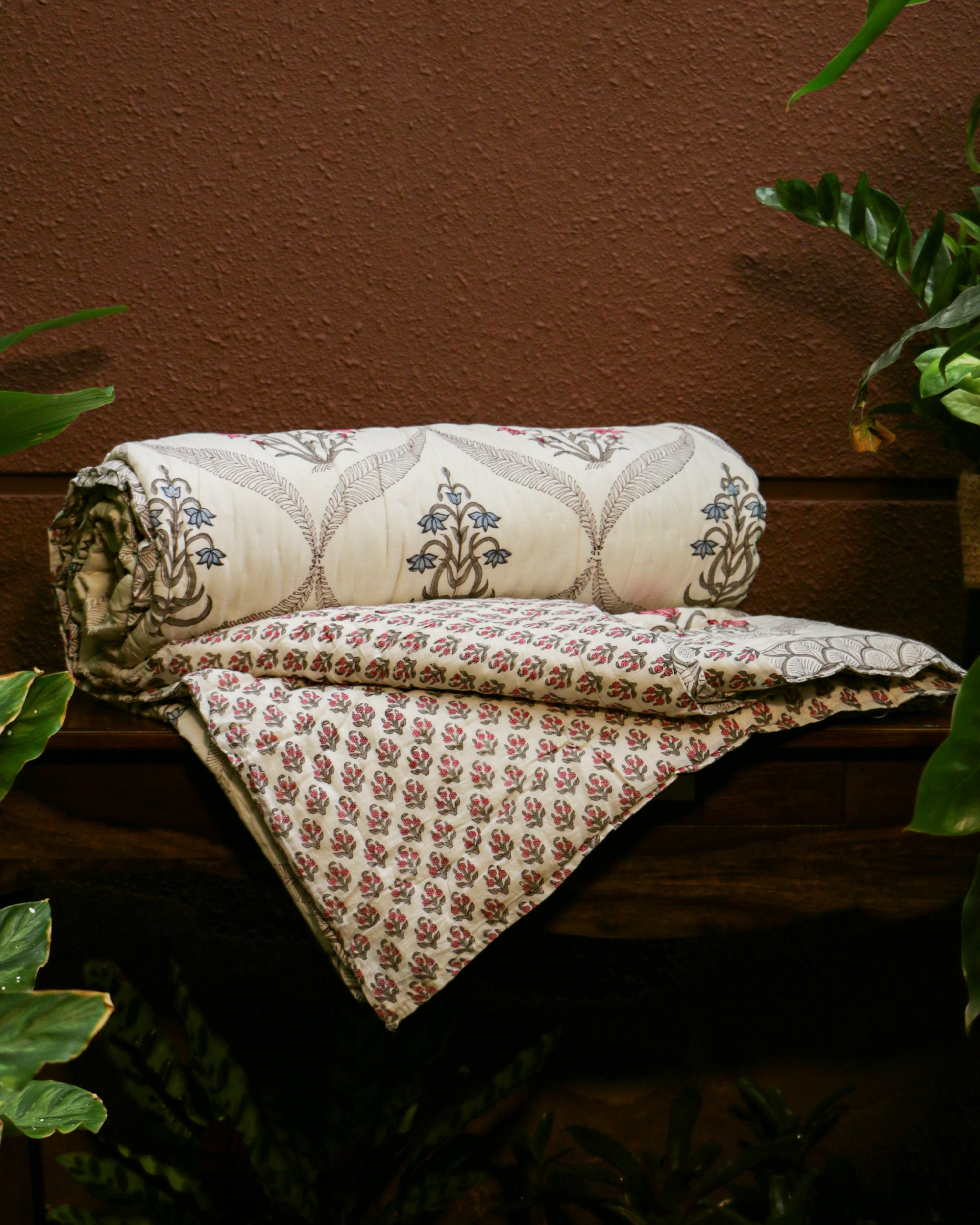 Diwali 2025 Collection - Red Blue Floral Hand Block Printed Jaipuri Rajai / Quilt- Double - 90X108 Inches