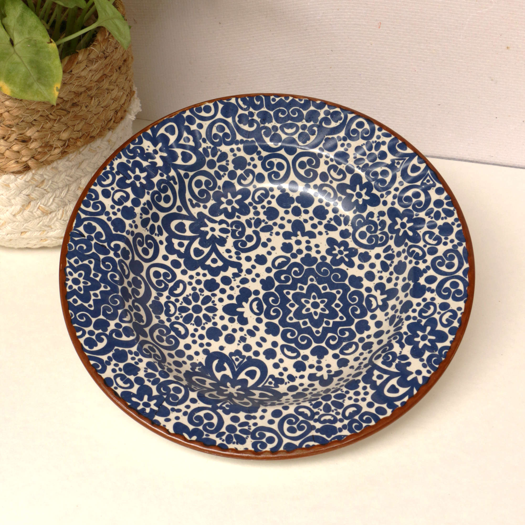 Ambi Turkish Handmade Blue Floral Pattern Pasta Platter 10 inch