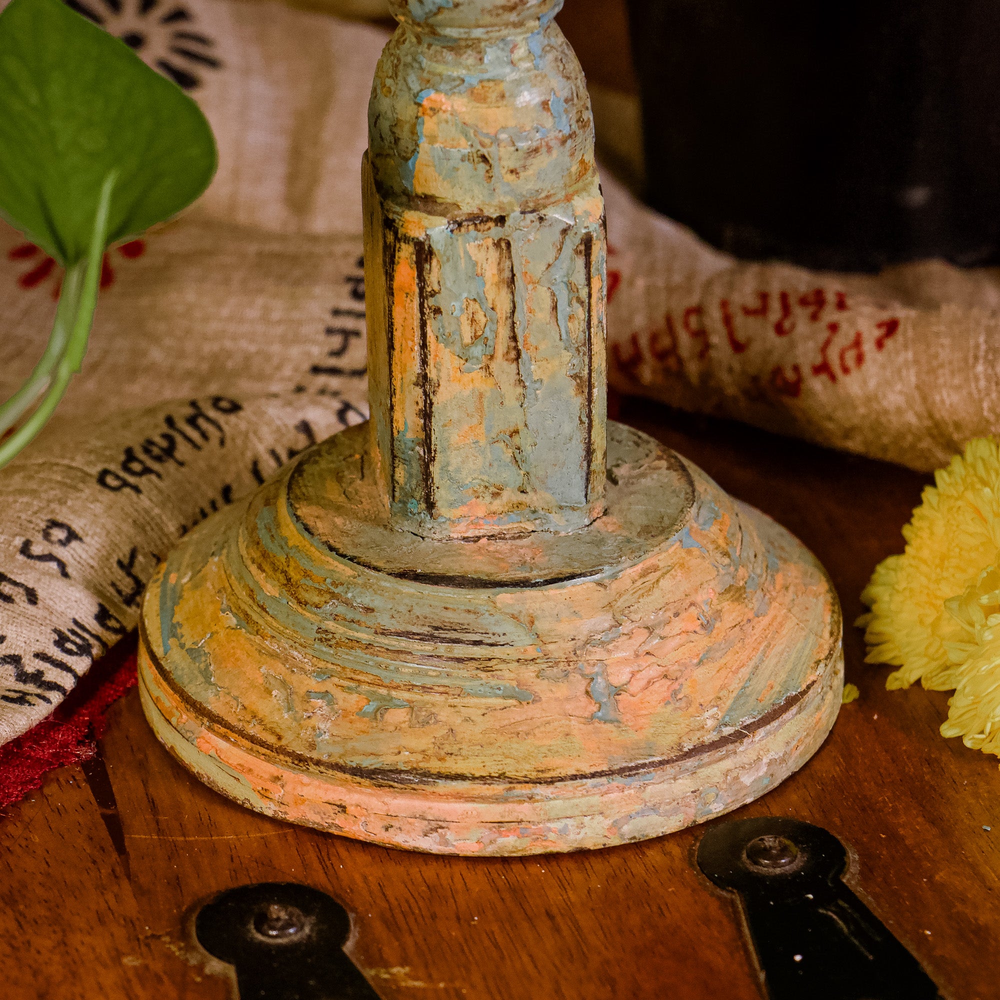 Wooden Candle Distressed Look Stand - Multicolour