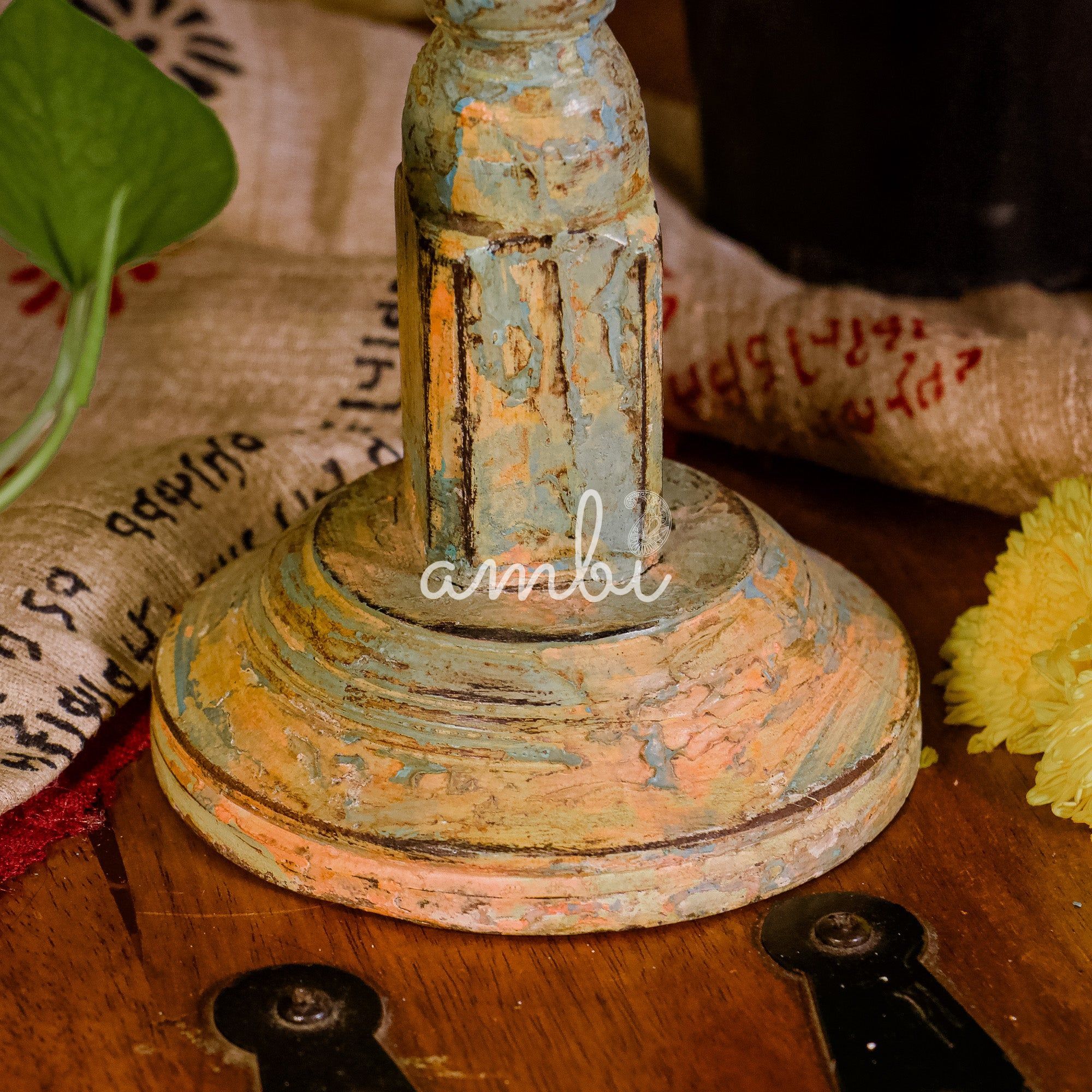 Wooden Candle Distressed Look Stand - Multicolour
